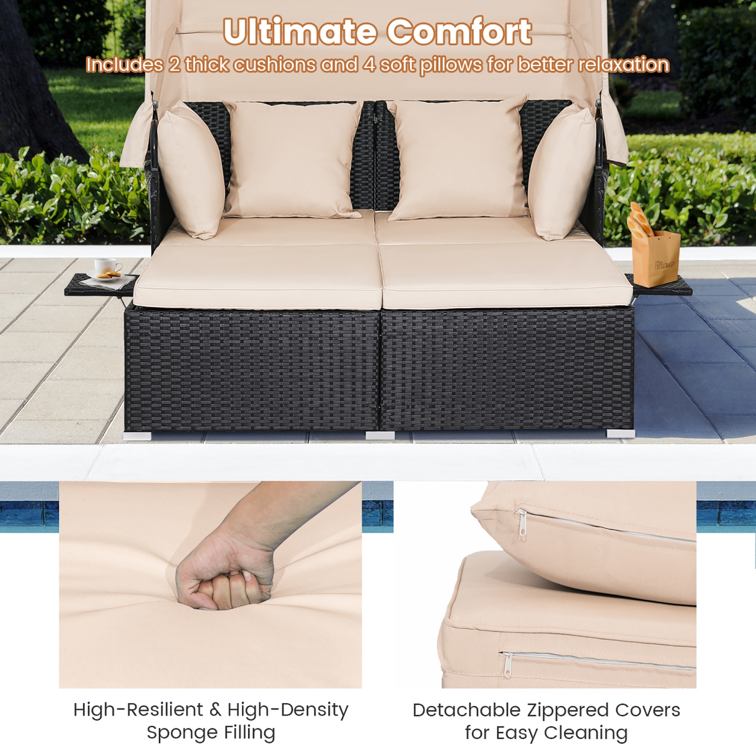 Gymax Patio Rattan Daybed Lounge Retractable Top Canopy Side Tables Cushions Beige