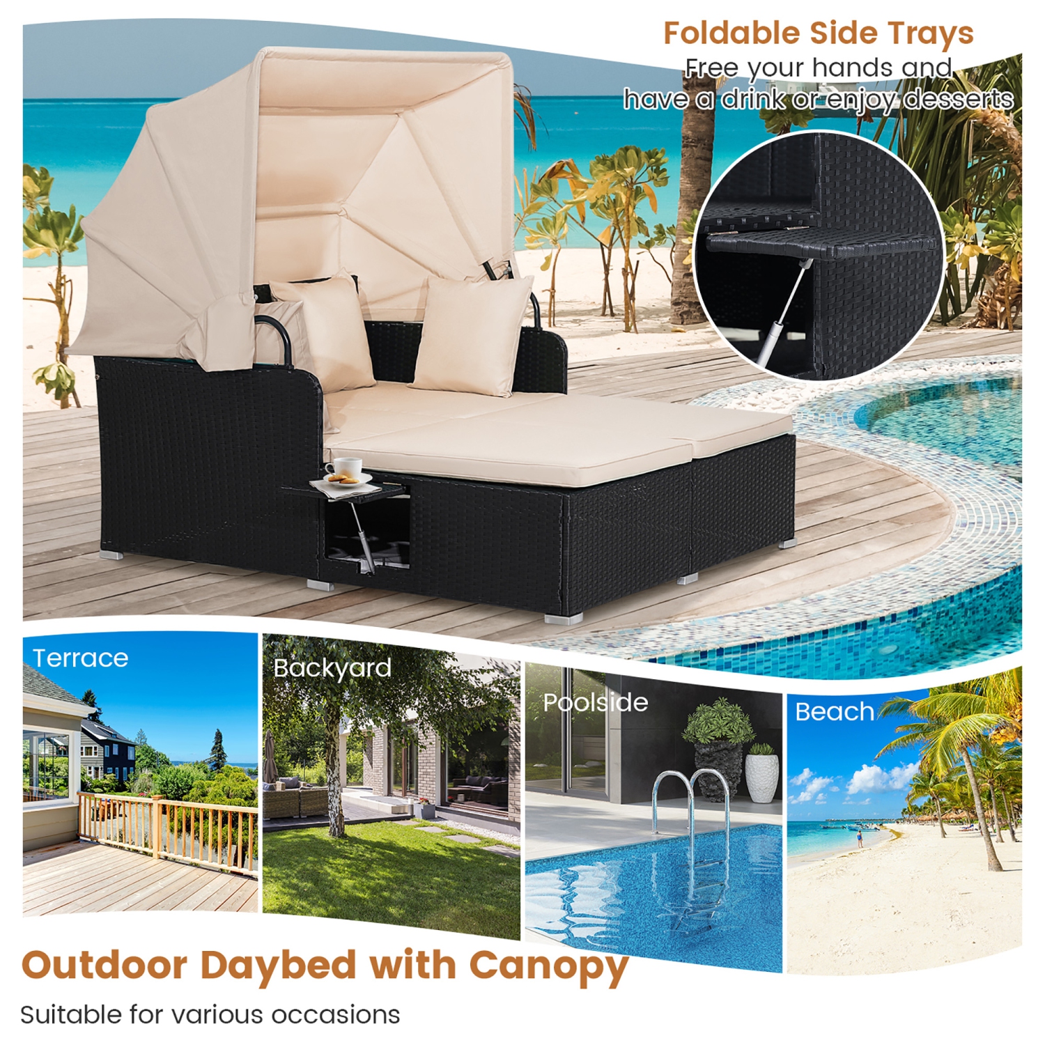 Gymax Patio Rattan Daybed Lounge Retractable Top Canopy Side Tables Cushions Beige