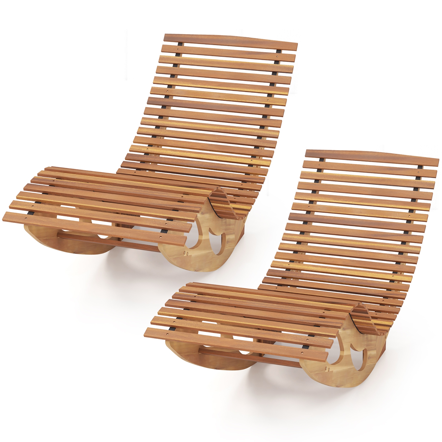 Gymax 2PCS Outdoor Chaise Lounge w/ High Back Slatted Seat Stopper Outside Wood Rocker