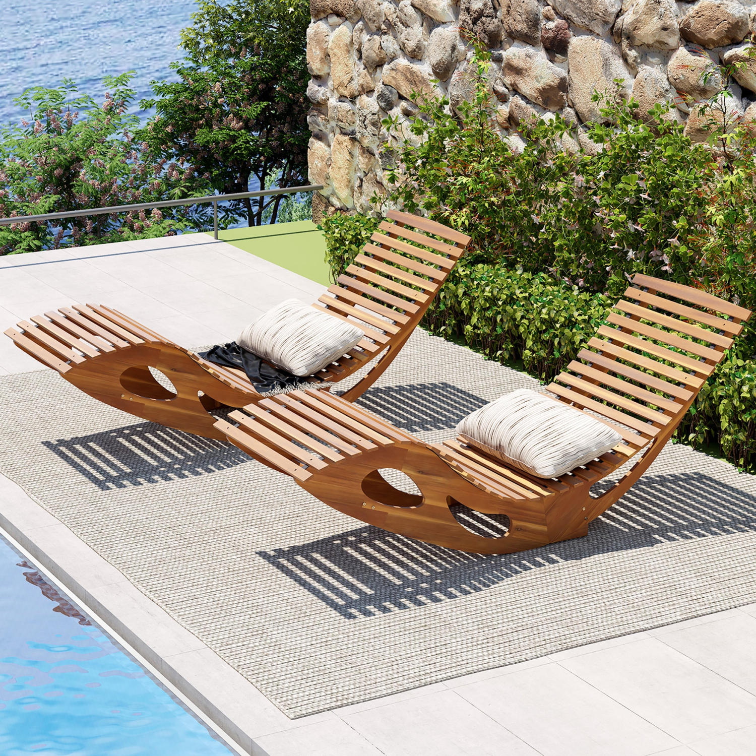 Gymax 2PCS Outdoor Chaise Lounge w/ High Back Slatted Seat Stopper Outside Wood Rocker