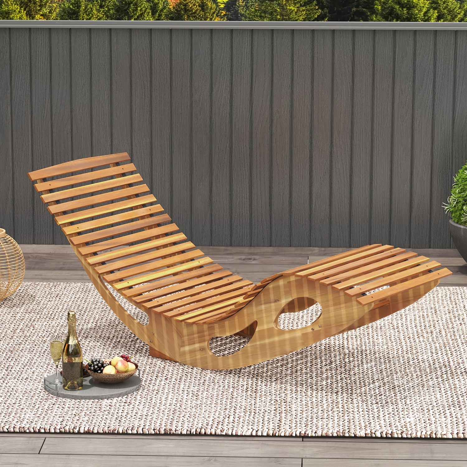 Gymax 2PCS Outdoor Chaise Lounge w/ High Back Slatted Seat Stopper Outside Wood Rocker