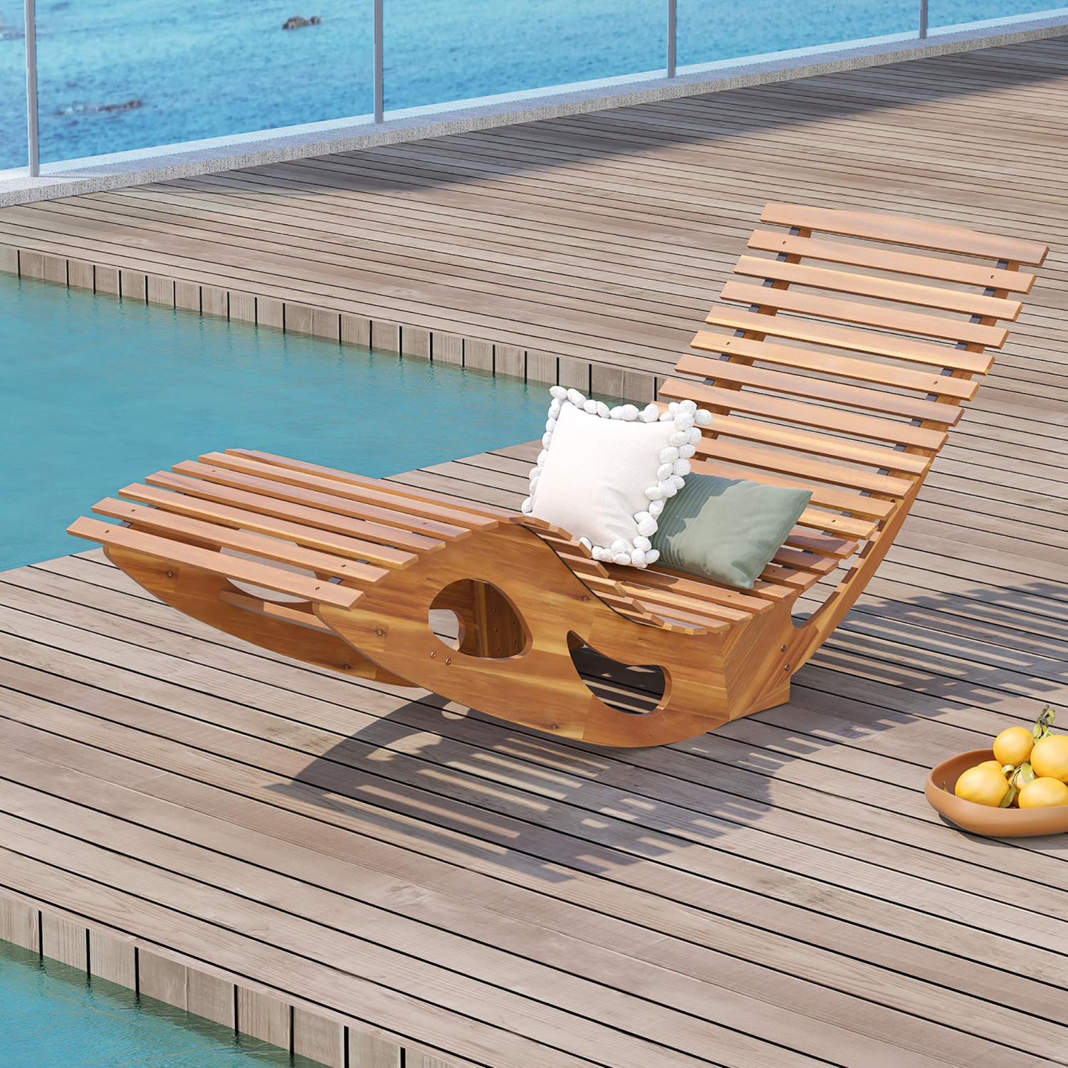 Gymax 2PCS Outdoor Chaise Lounge w/ High Back Slatted Seat Stopper Outside Wood Rocker