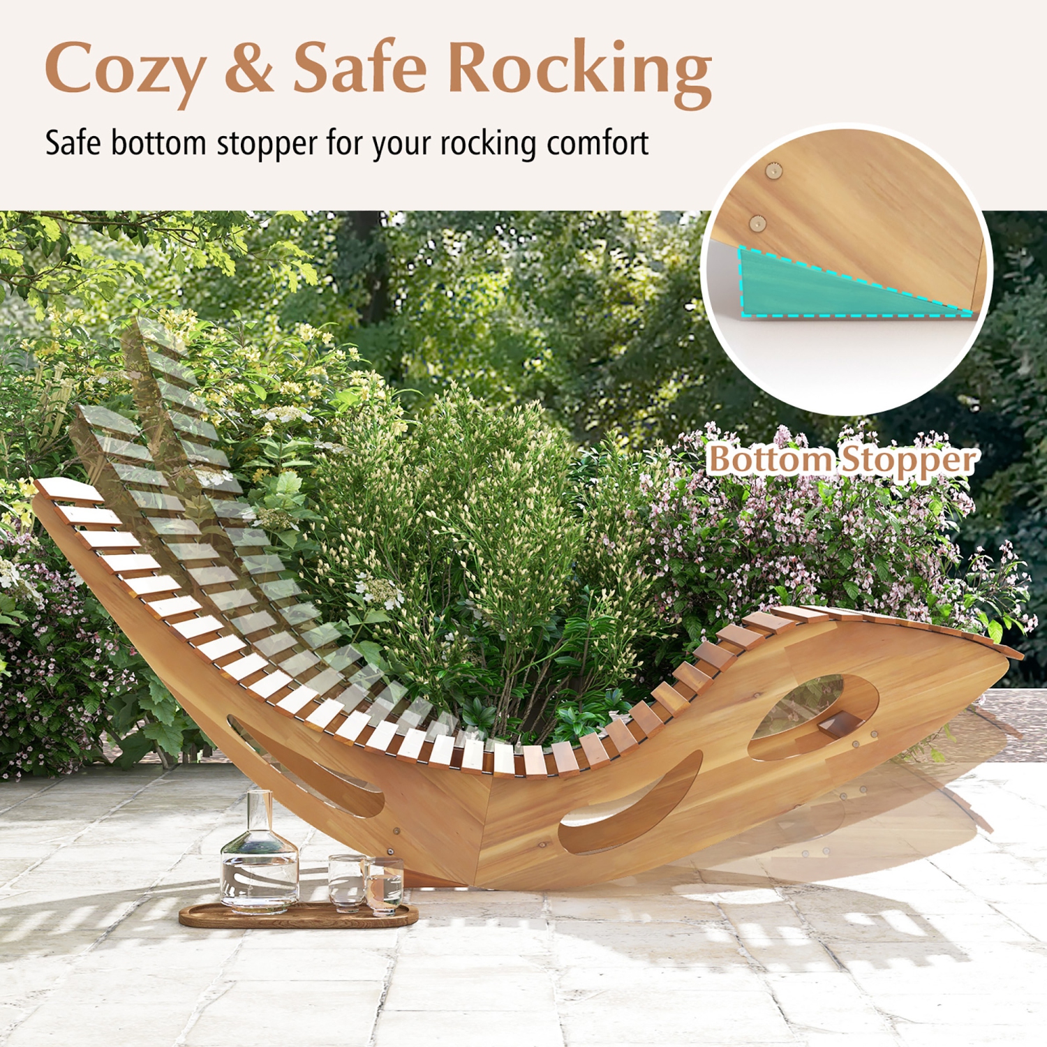 Gymax 2PCS Outdoor Chaise Lounge w/ High Back Slatted Seat Stopper Outside Wood Rocker