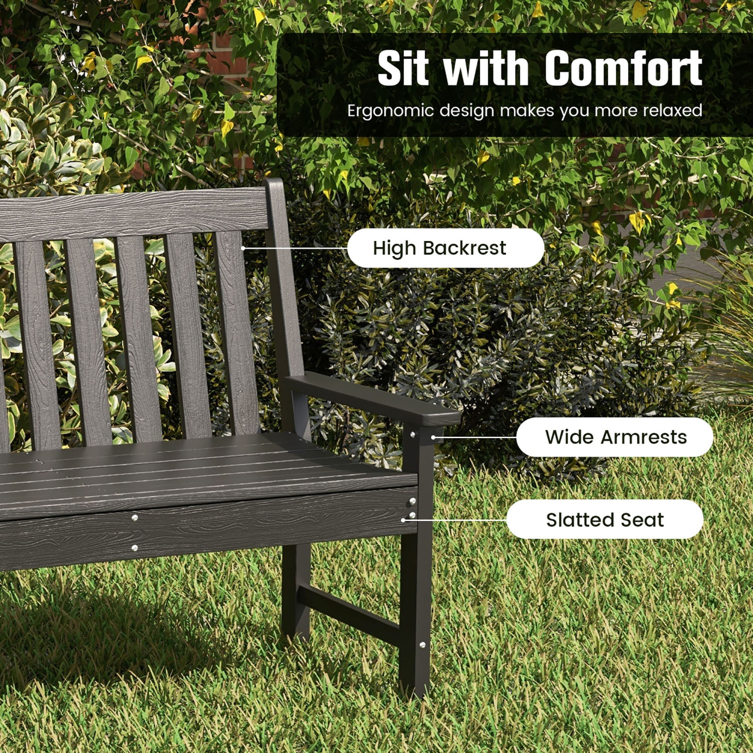 Gymax Garden Bench All-Weather HDPE 2-Person Outdoor Bench for Front Porch Backyard Black
