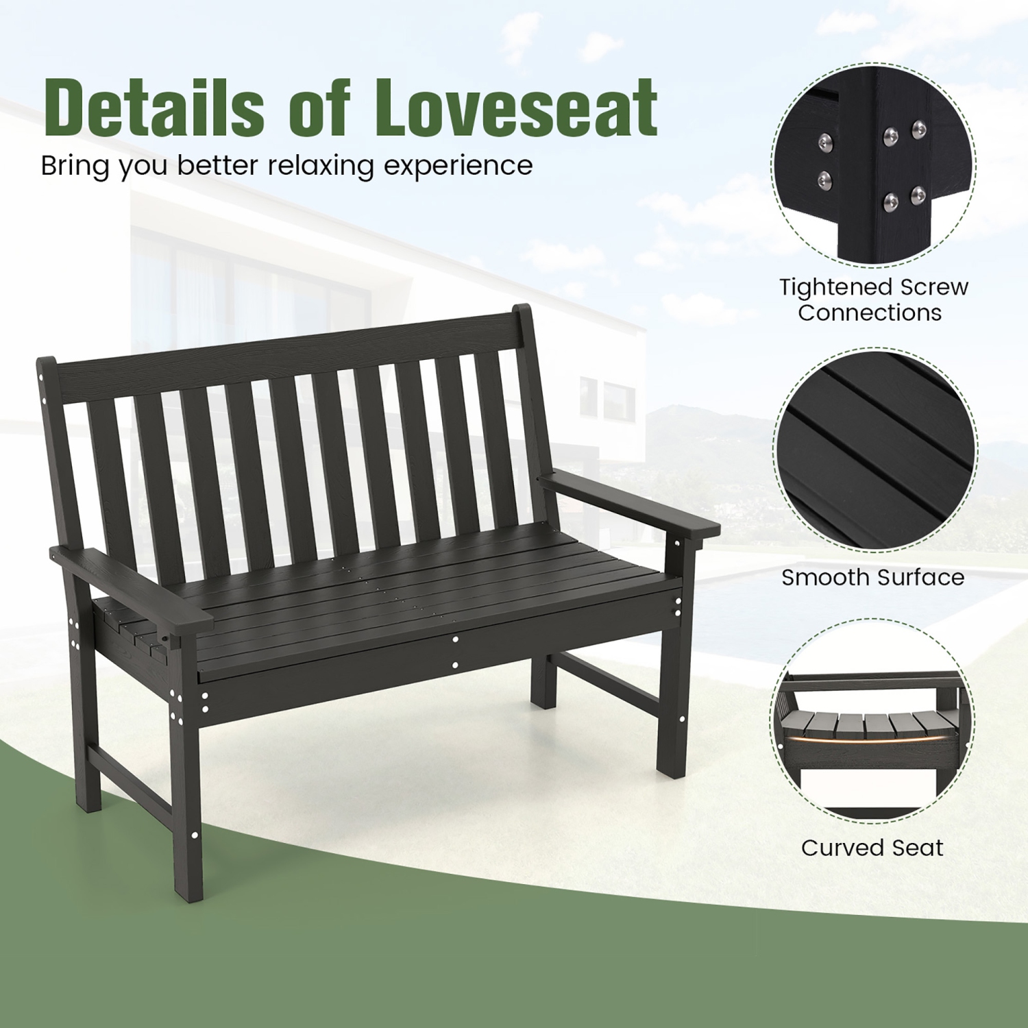 Gymax Garden Bench All-Weather HDPE 2-Person Outdoor Bench for Front Porch Backyard Black