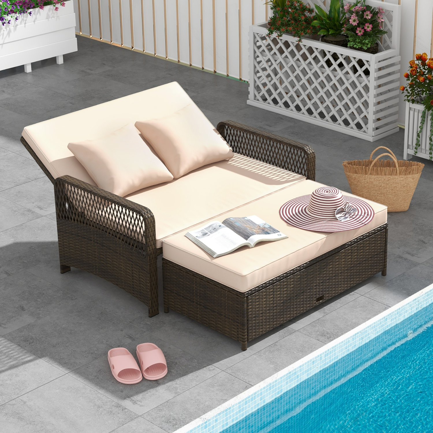 Gymax Patio Rattan Daybed Wicker Loveseat Sofa w/ Multifunctional Ottoman