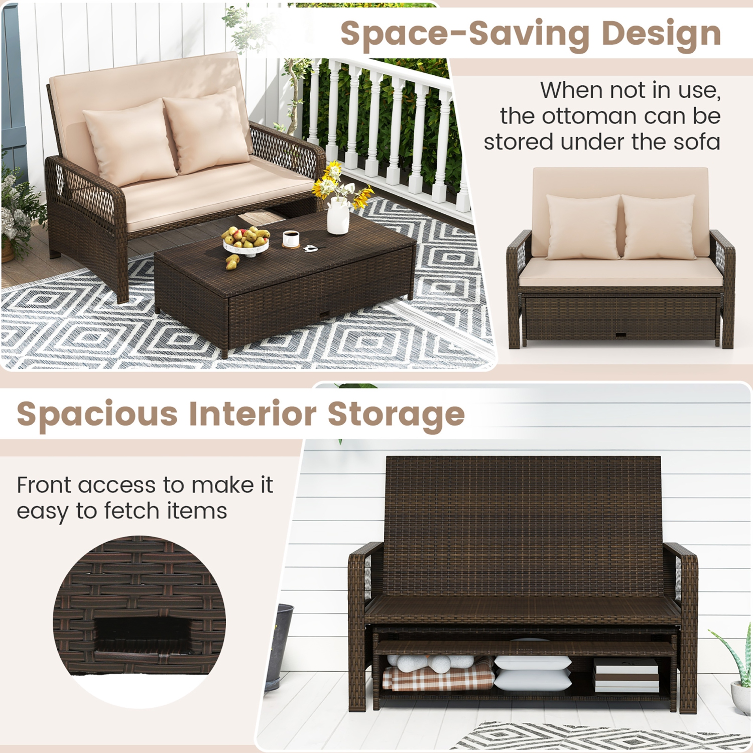 Gymax Patio Rattan Daybed Wicker Loveseat Sofa w/ Multifunctional Ottoman