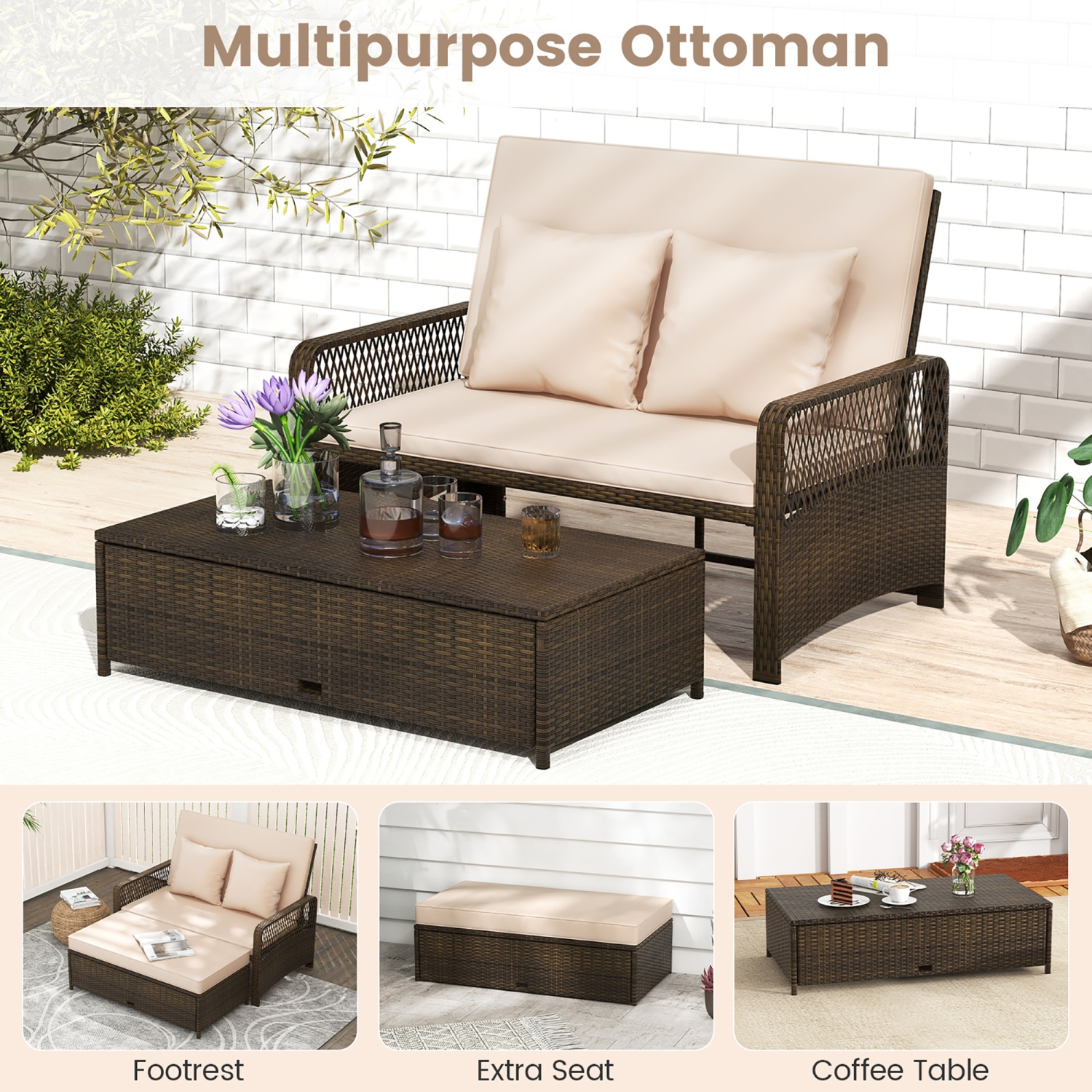 Gymax Patio Rattan Daybed Wicker Loveseat Sofa w/ Multifunctional Ottoman
