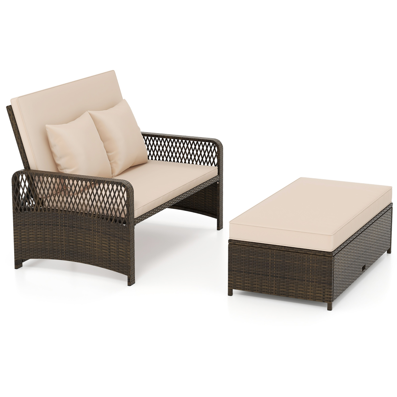 Gymax Patio Rattan Daybed Wicker Loveseat Sofa w/ Multifunctional Ottoman