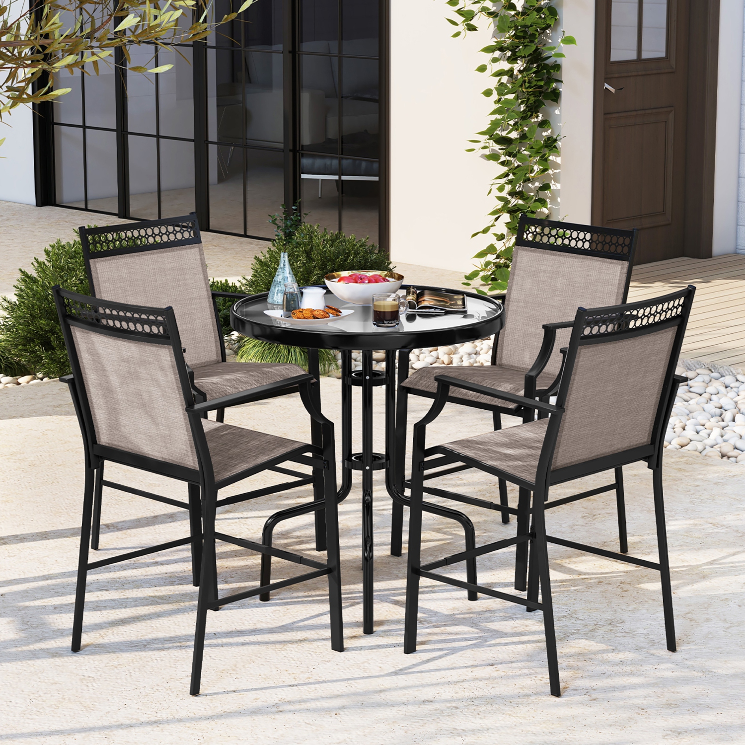 Gymax Outdoor Counter Stools Set of 4 w/ Footrest & Armrests Heavy-Duty for Backyard