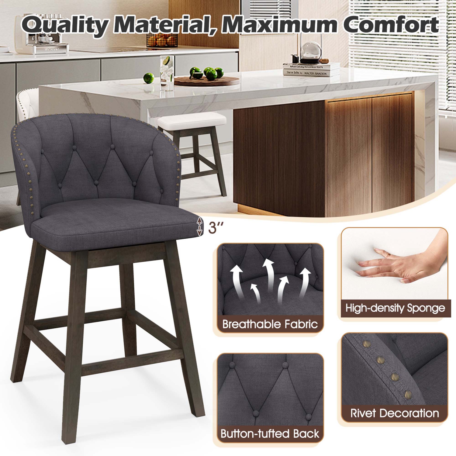 Costway – Tabourets de bar à hauteur de comptoir 4 PCS Tabourets en tissu avec siège pivotant à 360° gris