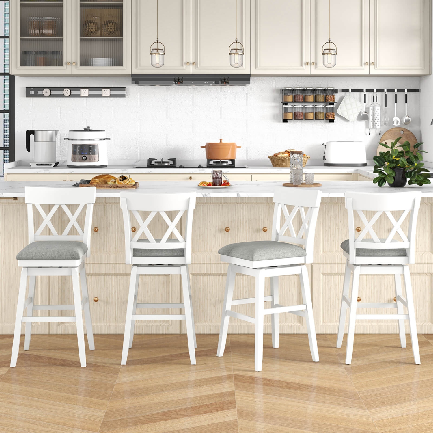 Tabouret de bar en bois de 30 po 3 PCS de Costway avec dossier profilé Siège rembourré pivotant pour gris cuisine