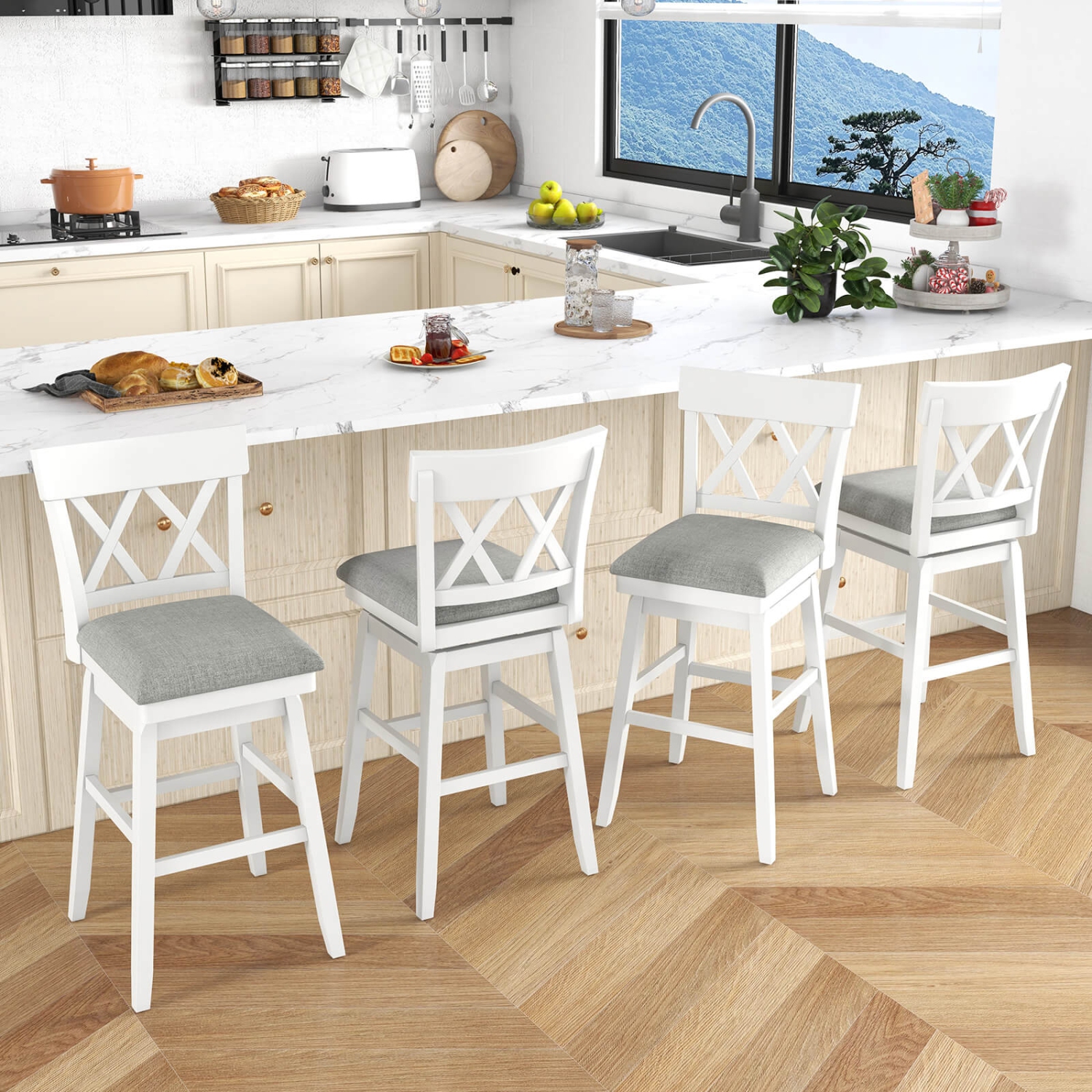 Tabouret de bar en bois de 30 po 3 PCS de Costway avec dossier profilé Siège rembourré pivotant pour gris cuisine