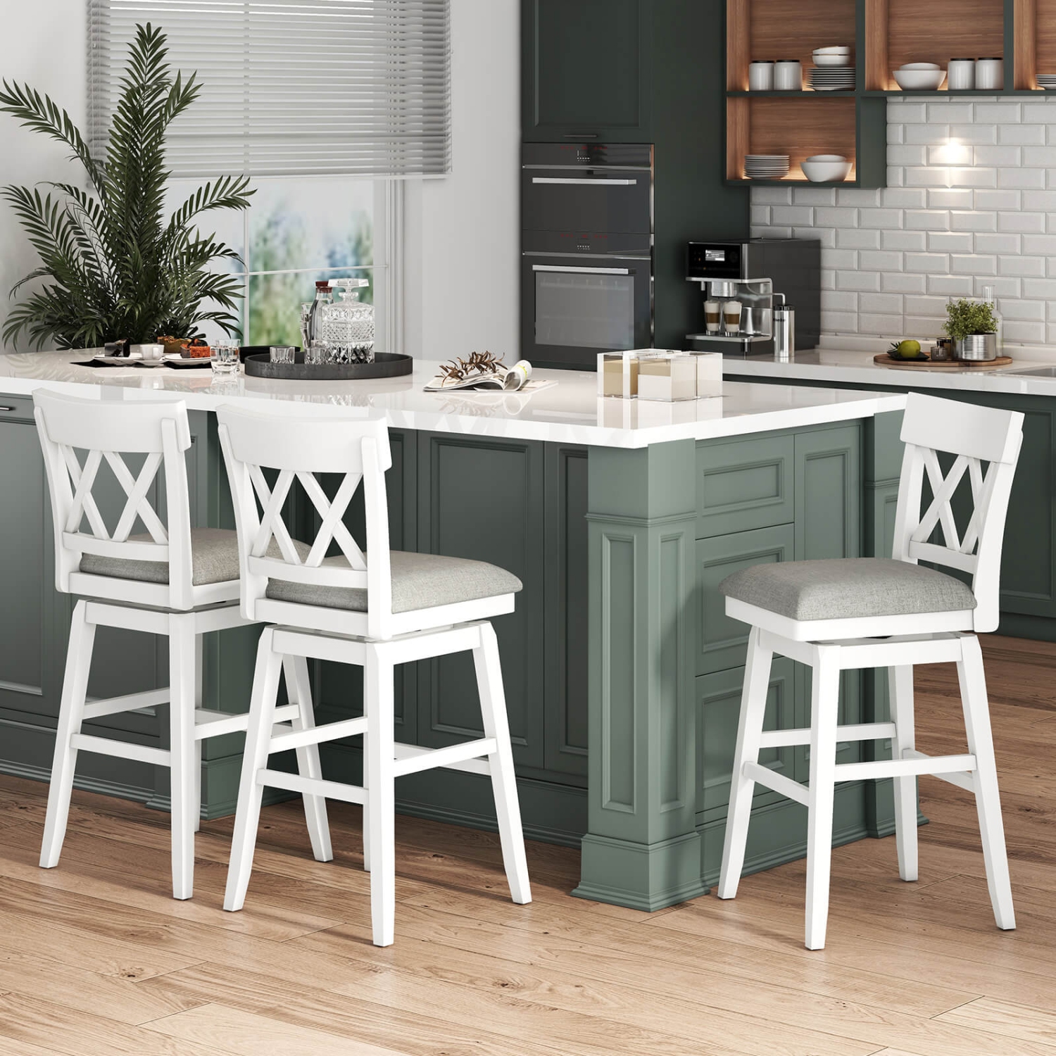 Tabouret de bar en bois de 30 po 3 PCS de Costway avec dossier profilé Siège rembourré pivotant pour gris cuisine