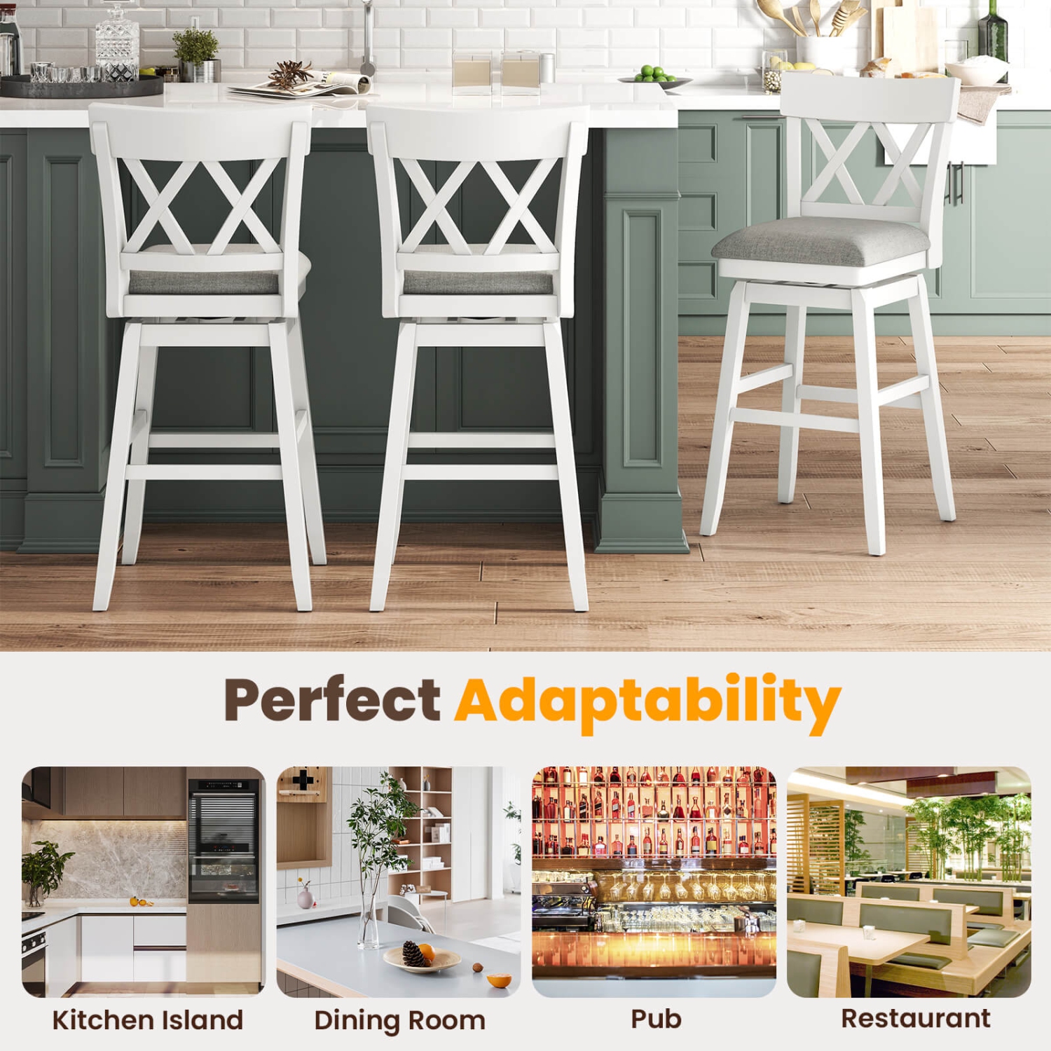 Tabouret de bar en bois de 30 po 3 PCS de Costway avec dossier profilé Siège rembourré pivotant pour gris cuisine