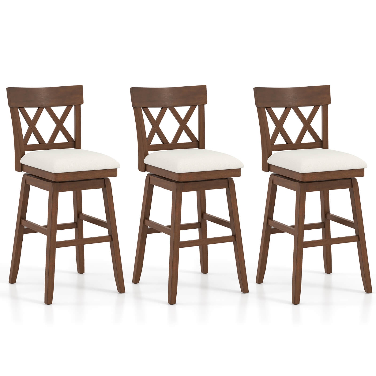 Costway 3 PCS 30" Bar Stool Wooden Chair with Contoured Backrest Swivel Padded Seat for Kitchen Beige