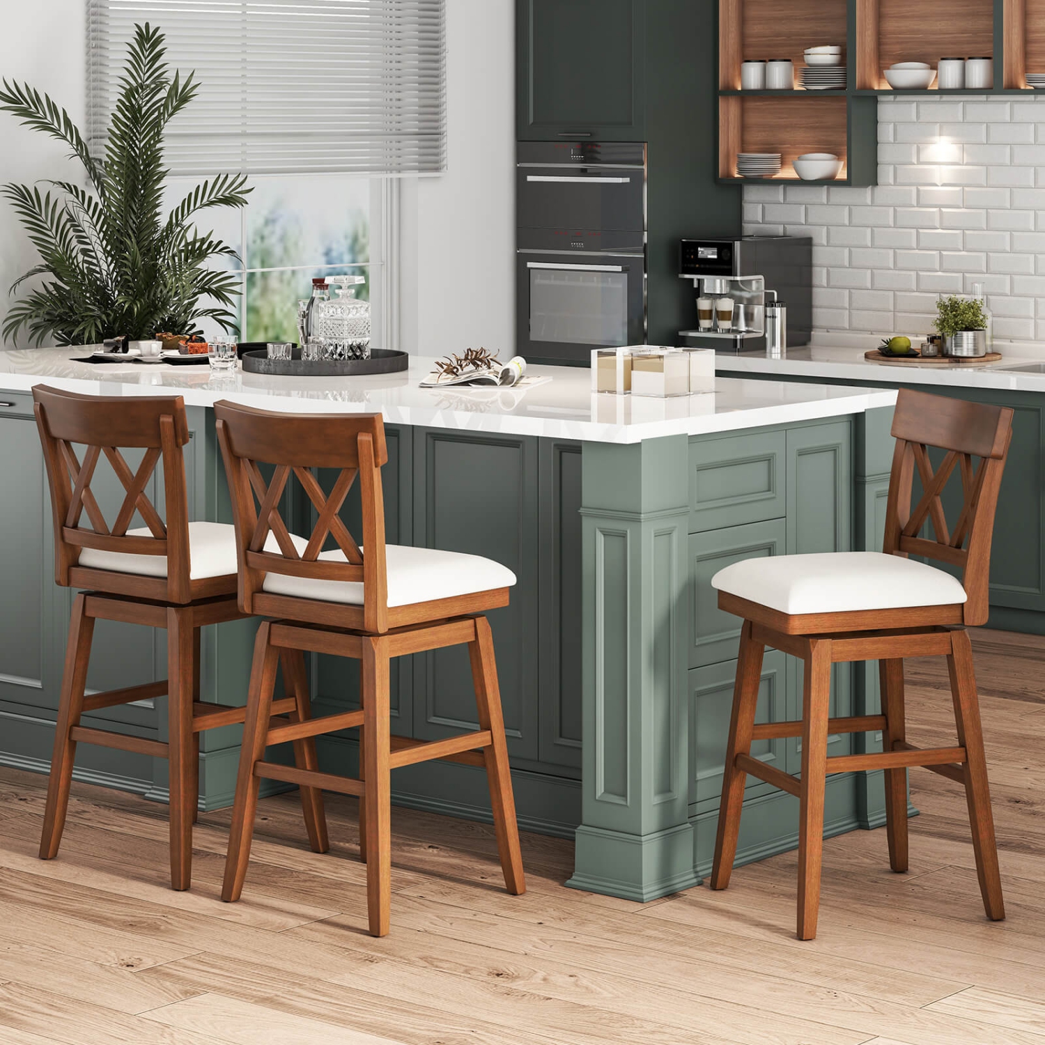 Costway 3 PCS 30" Bar Stool Wooden Chair with Contoured Backrest Swivel Padded Seat for Kitchen Beige