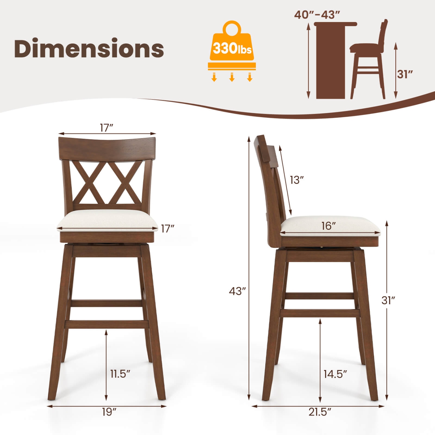 Costway 3 PCS 30" Bar Stool Wooden Chair with Contoured Backrest Swivel Padded Seat for Kitchen Beige