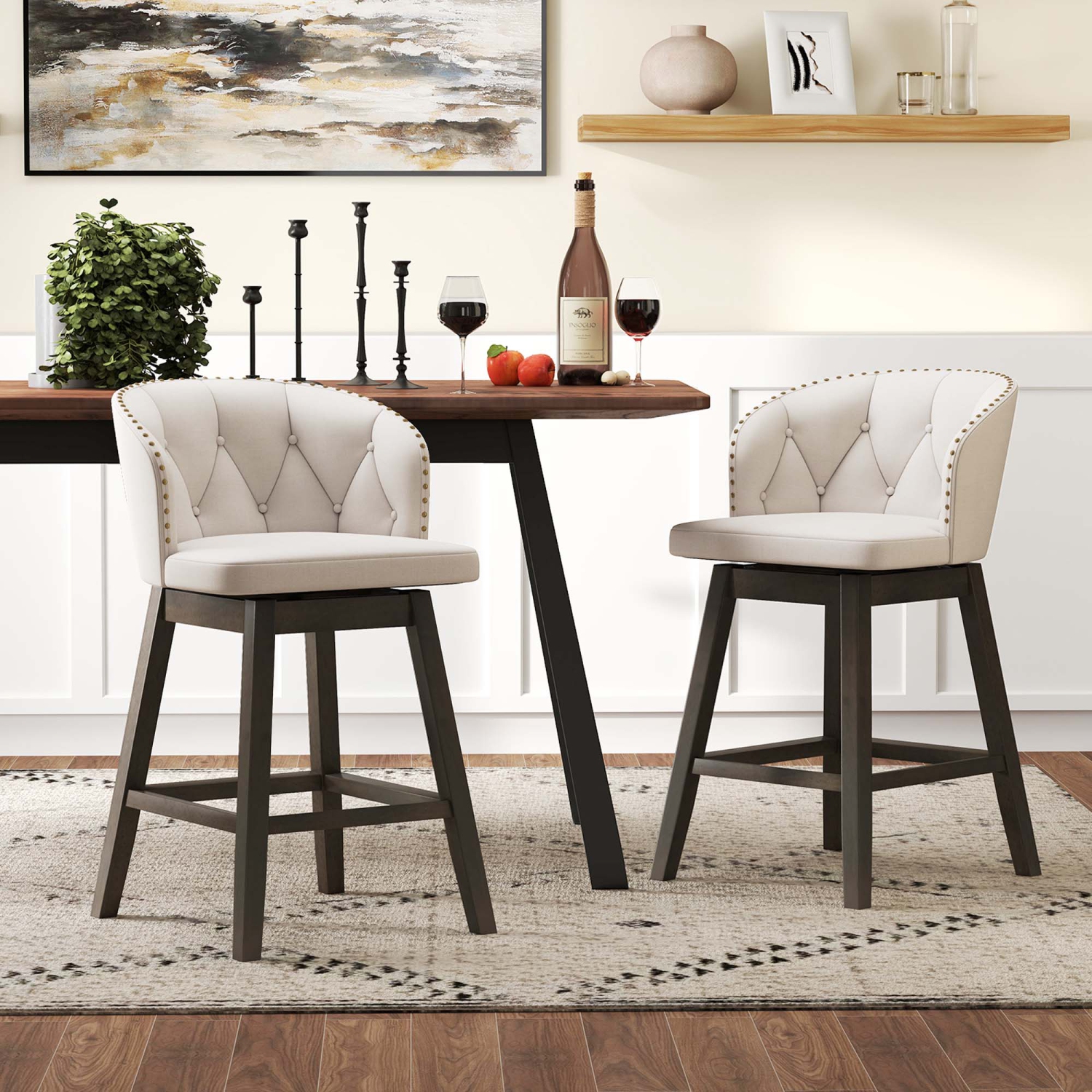 Tabourets de bar à hauteur de comptoir 2 PCS de Costway – Tabourets en îlot recouverts de tissu avec siège pivotant à 360°, beige