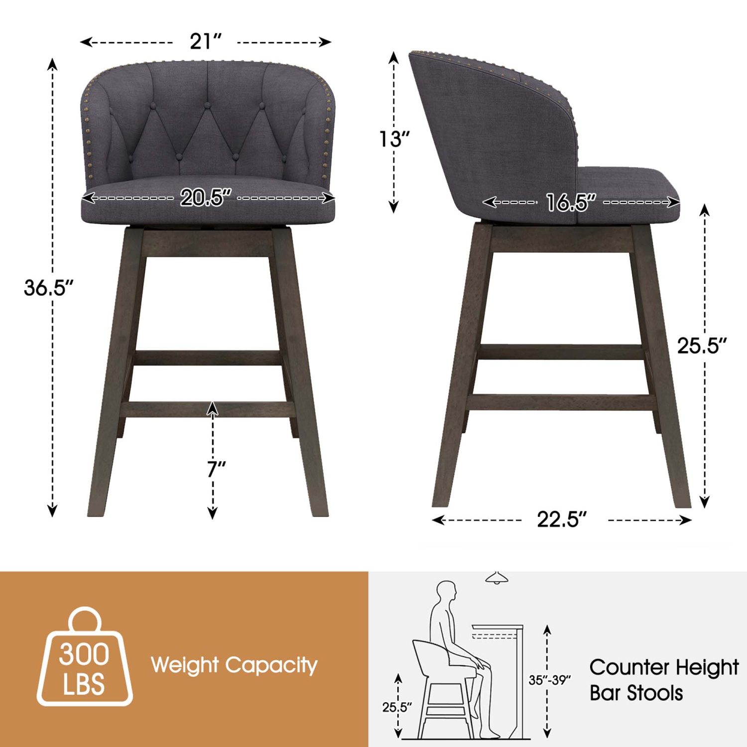 Costway – Tabourets de bar à hauteur de comptoir 2 PCS Tabourets en tissu avec siège pivotant à 360° gris