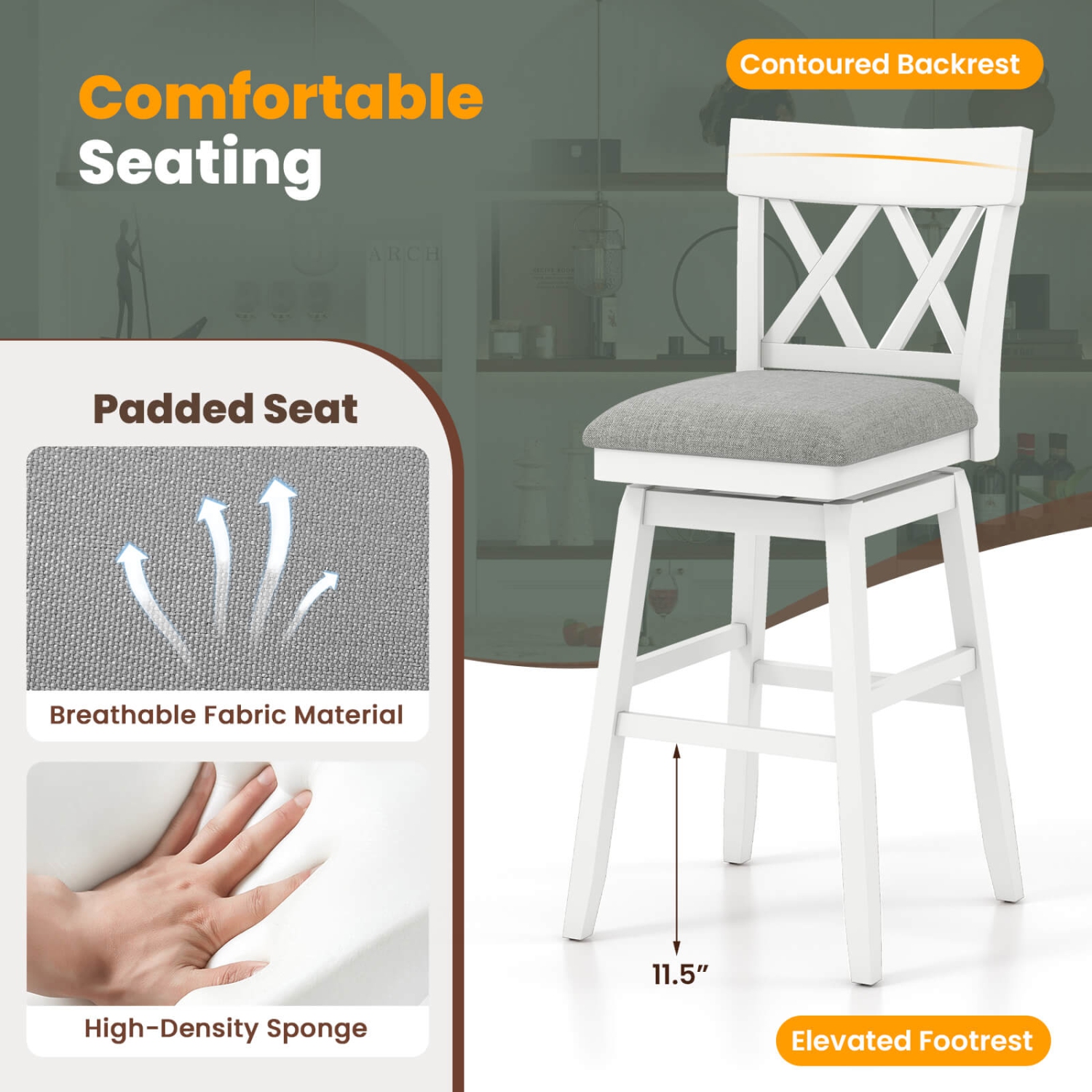 Costway 4 PCS 30" Bar Stool Wooden Chair with Contoured Backrest Swivel Padded Seat for Kitchen Gray