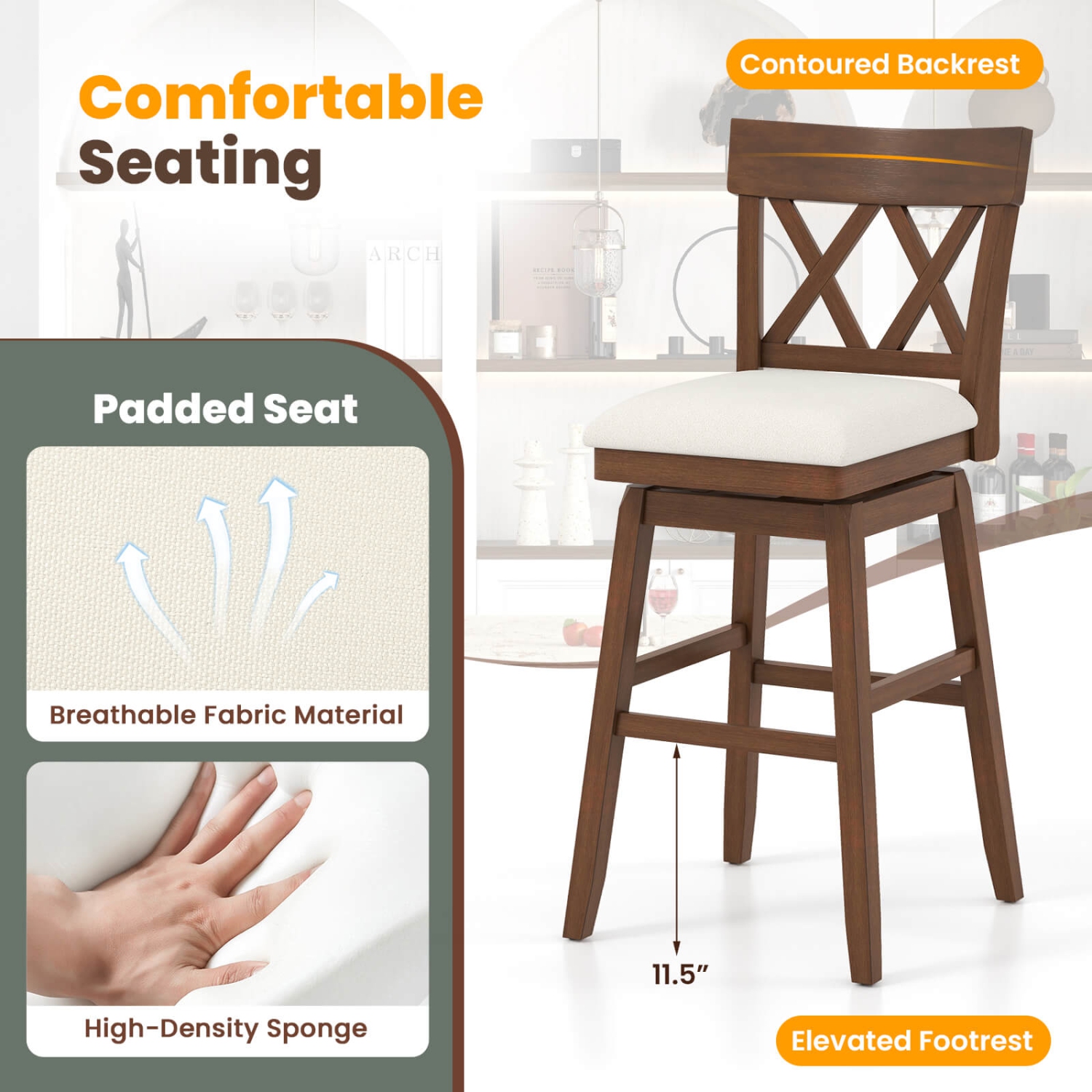 Tabouret de bar en bois de 30 po 4 PCS de Costway avec dossier profilé Siège rembourré pivotant pour cuisine beige