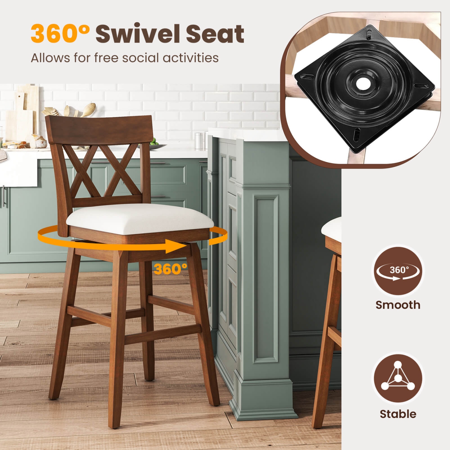 Tabouret de bar en bois de 30 po 4 PCS de Costway avec dossier profilé Siège rembourré pivotant pour cuisine beige