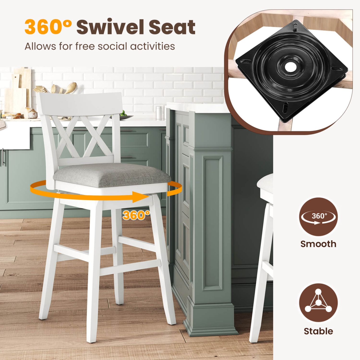 Tabouret de bar en bois de 30&nbsp;po 2 PCS de Costway avec dossier profilé Siège rembourré pivotant pour gris cuisine