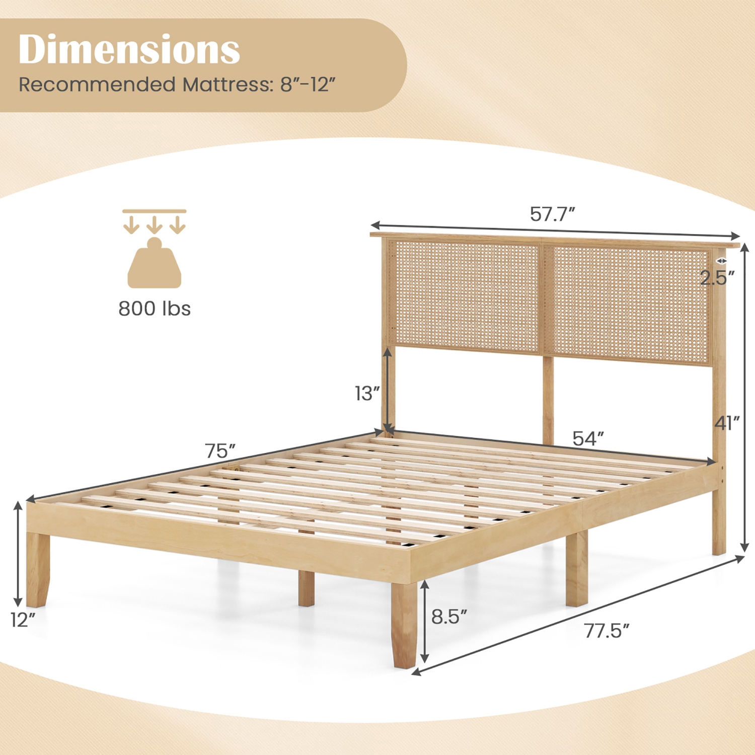Gymax Twin/Full/Queen Size Bed Frame w/ Rattan Headboard 10 Solid Wood Legs & 12 Wooden Slats