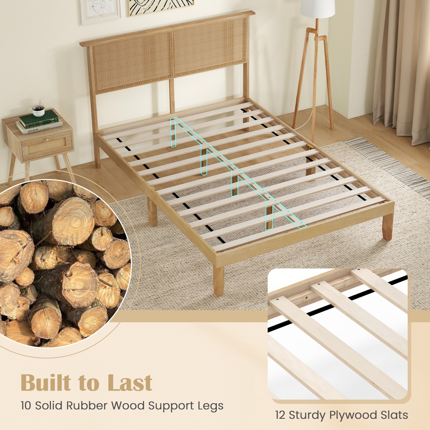 Gymax Twin/Full/Queen Size Bed Frame w/ Rattan Headboard 10 Solid Wood Legs & 12 Wooden Slats