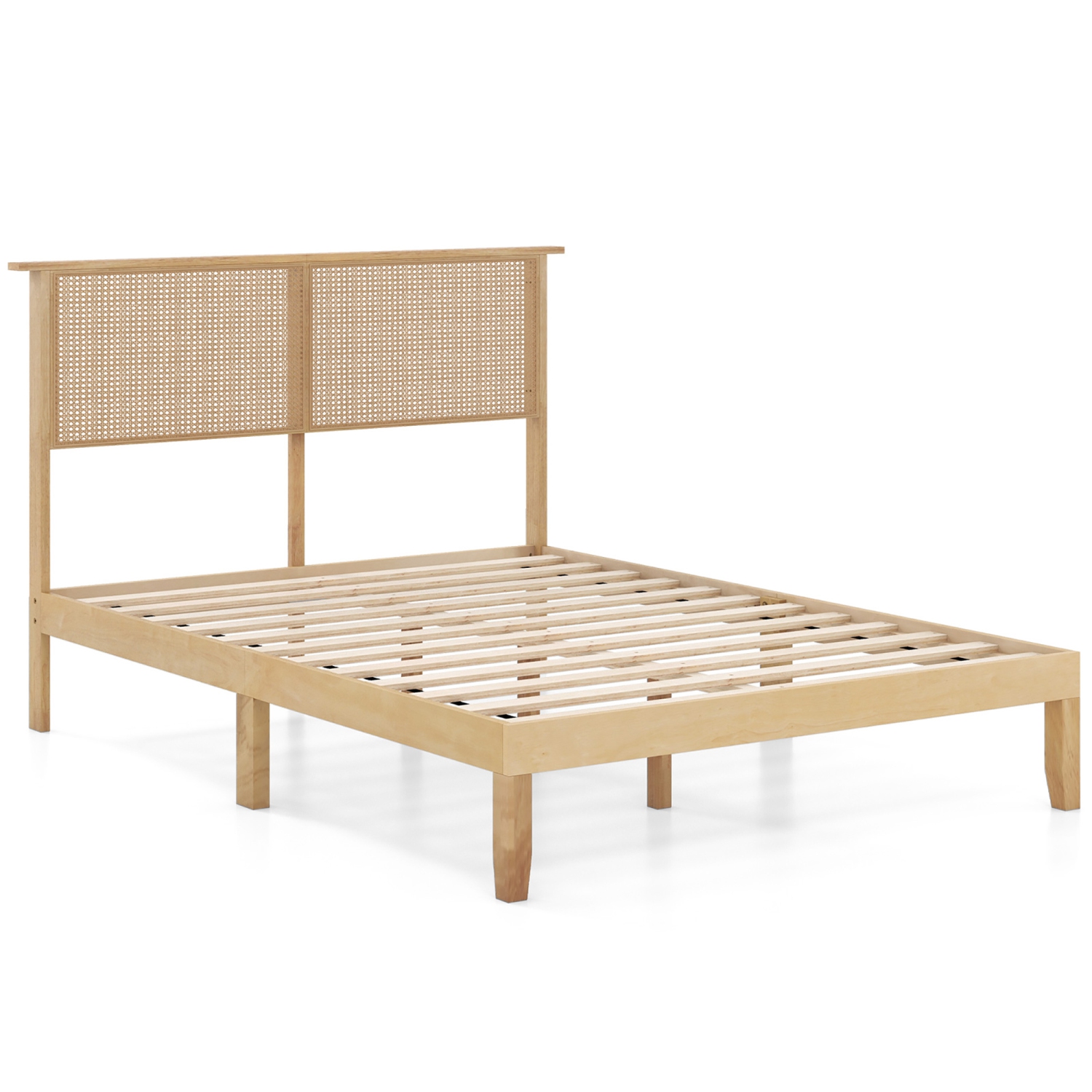 Gymax Twin/Full/Queen Size Bed Frame w/ Rattan Headboard 10 Solid Wood Legs & 12 Wooden Slats