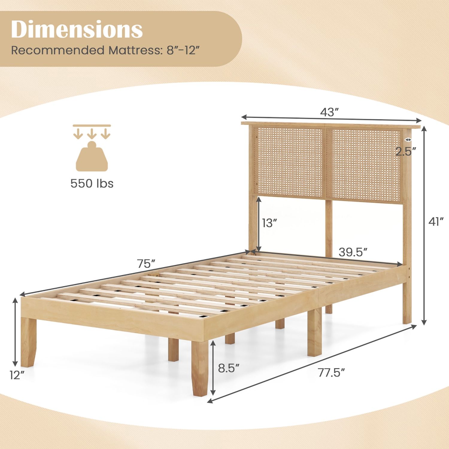 Gymax Twin/Full/Queen Size Bed Frame w/ Rattan Headboard 10 Solid Wood Legs & 12 Wooden Slats