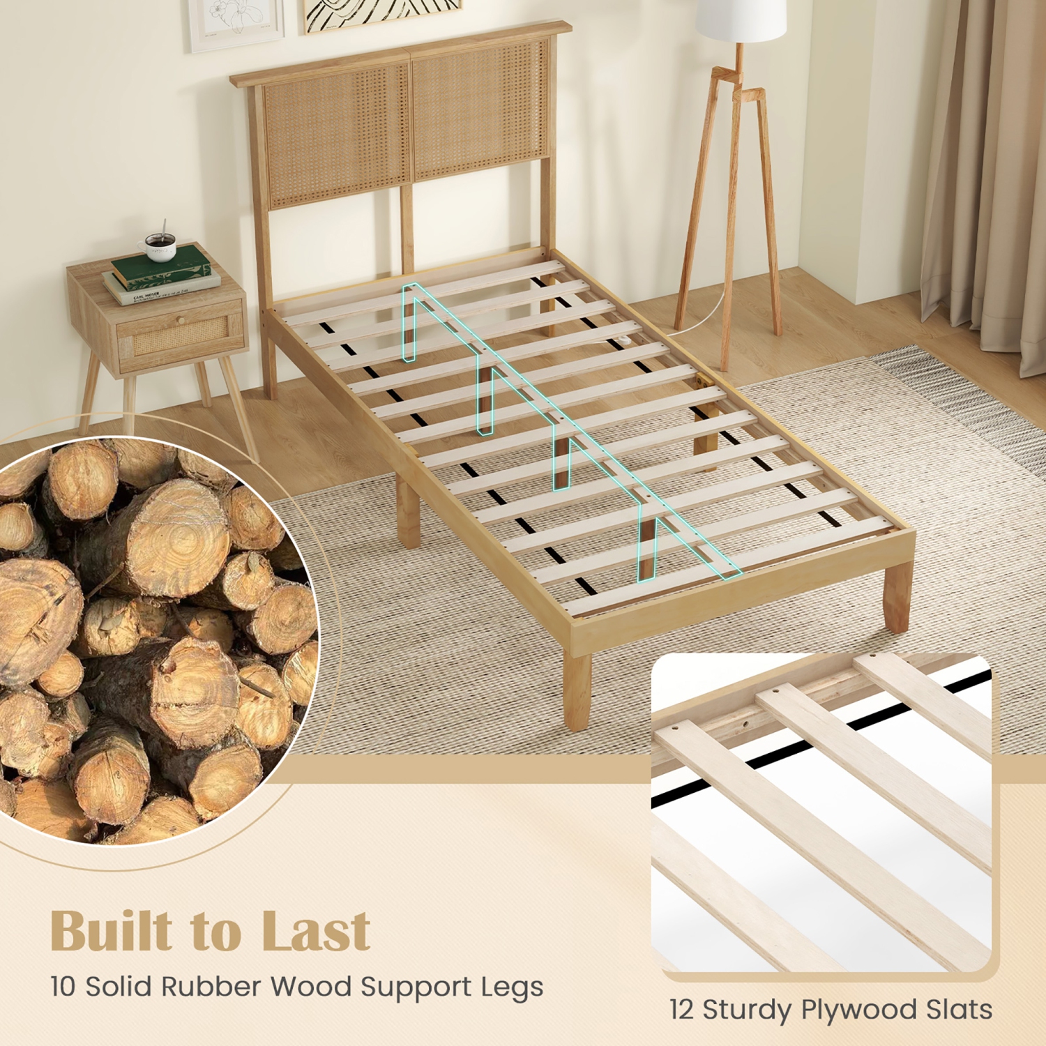 Gymax Twin/Full/Queen Size Bed Frame w/ Rattan Headboard 10 Solid Wood Legs & 12 Wooden Slats