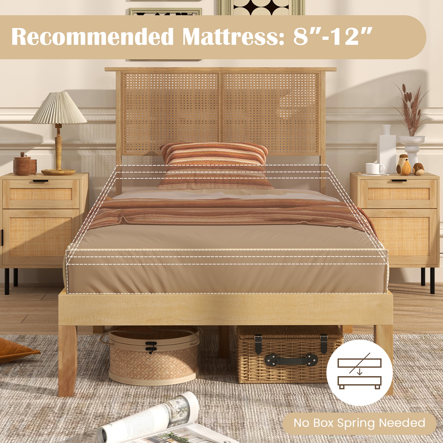 Gymax Twin/Full/Queen Size Bed Frame w/ Rattan Headboard 10 Solid Wood Legs & 12 Wooden Slats