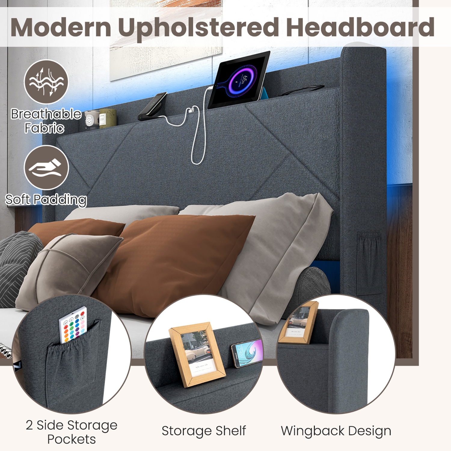 Gymax Bed Frame w/LED Lights Charging Station 2 Storage Pockets & 4 Drawers