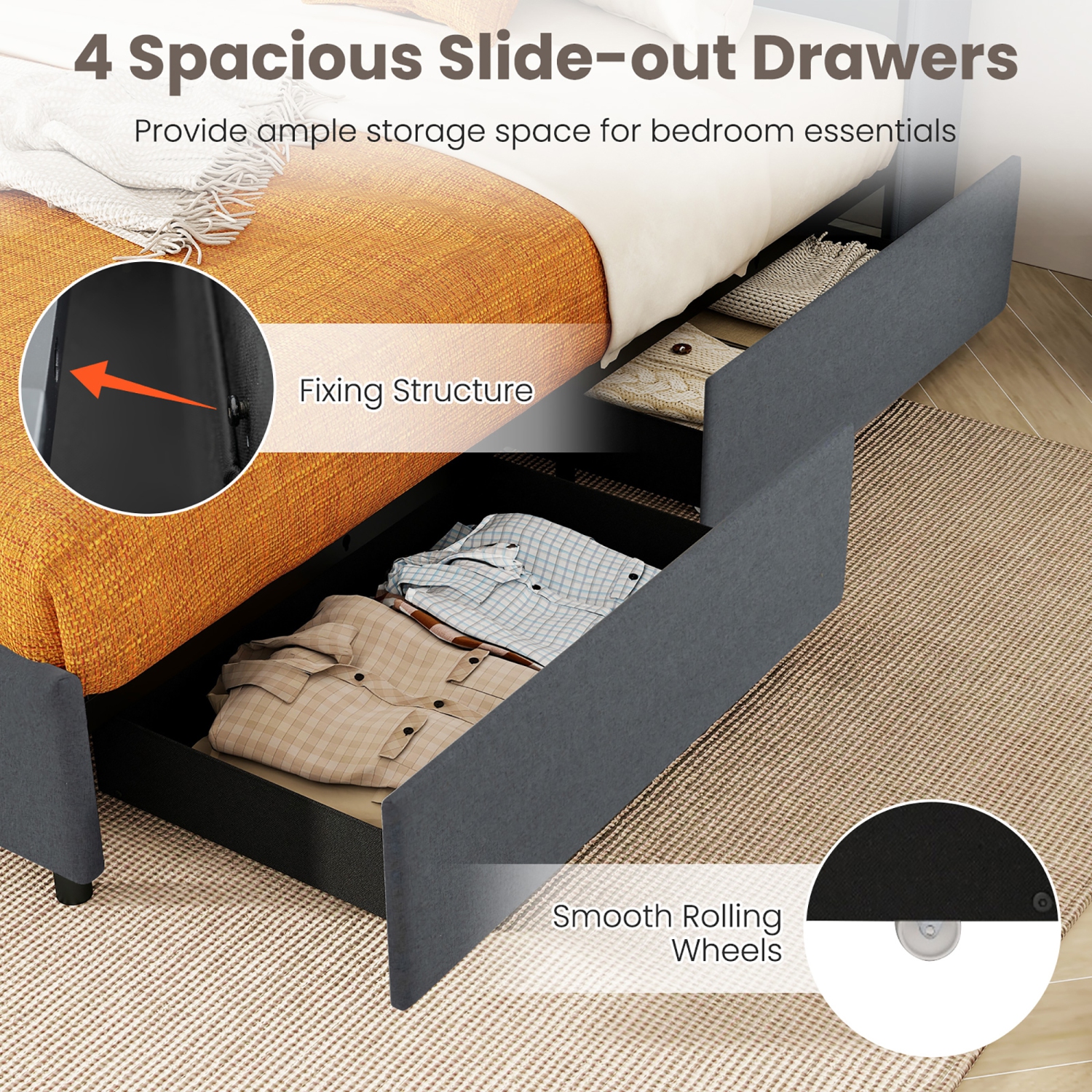 Gymax Bed Frame w/LED Lights Charging Station 2 Storage Pockets & 4 Drawers