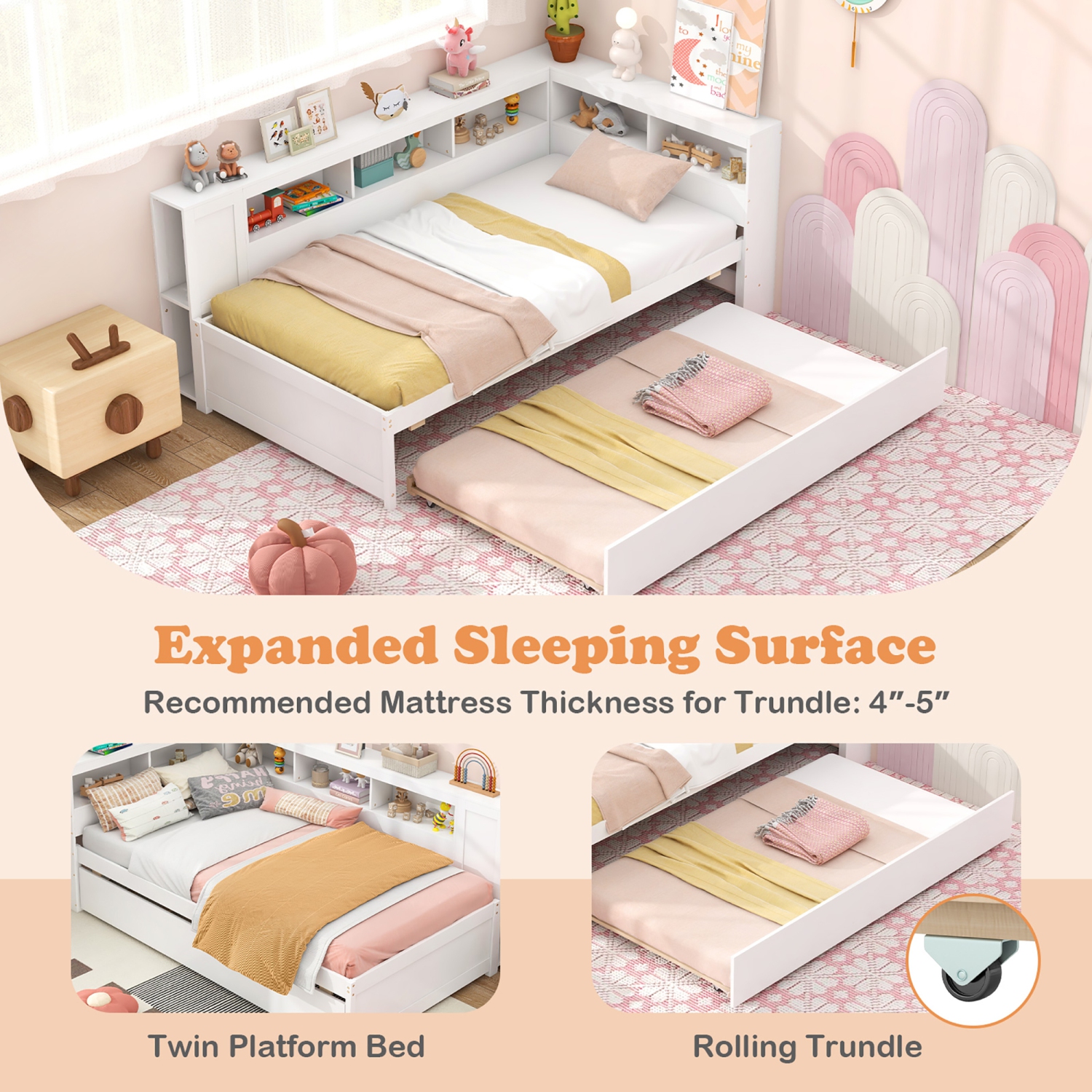 Gymax Twin Size Daybed w/ Trundle Bedside Shelves Reversible Bookcase Headboard