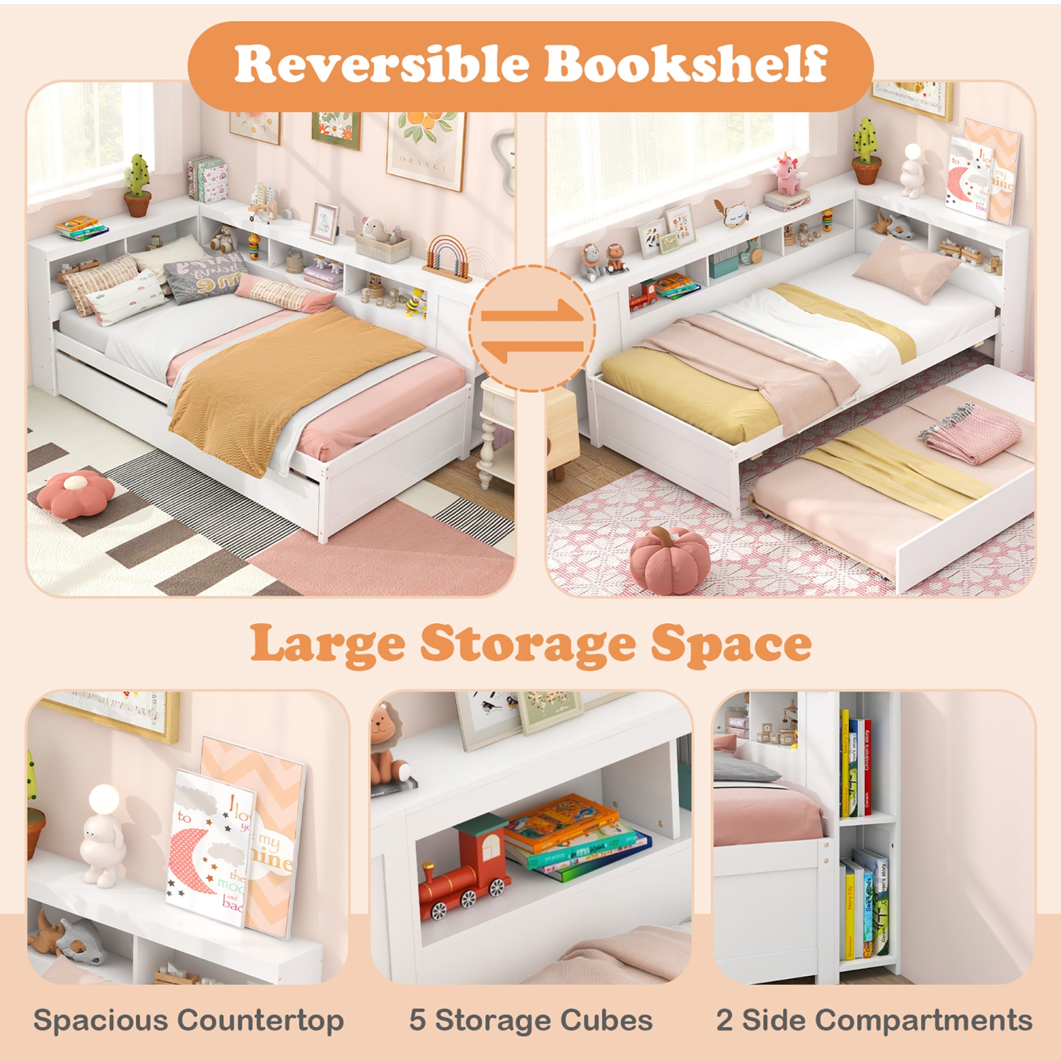 Gymax Twin Size Daybed w/ Trundle Bedside Shelves Reversible Bookcase Headboard