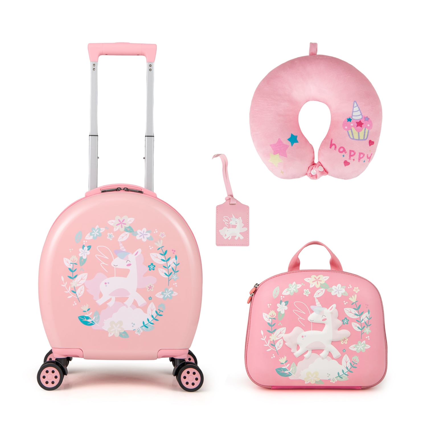 Gymax 4-Piece Kid's Luggage Set w/ 14'' Carry-on Hardside Spinner Toddler Luggage