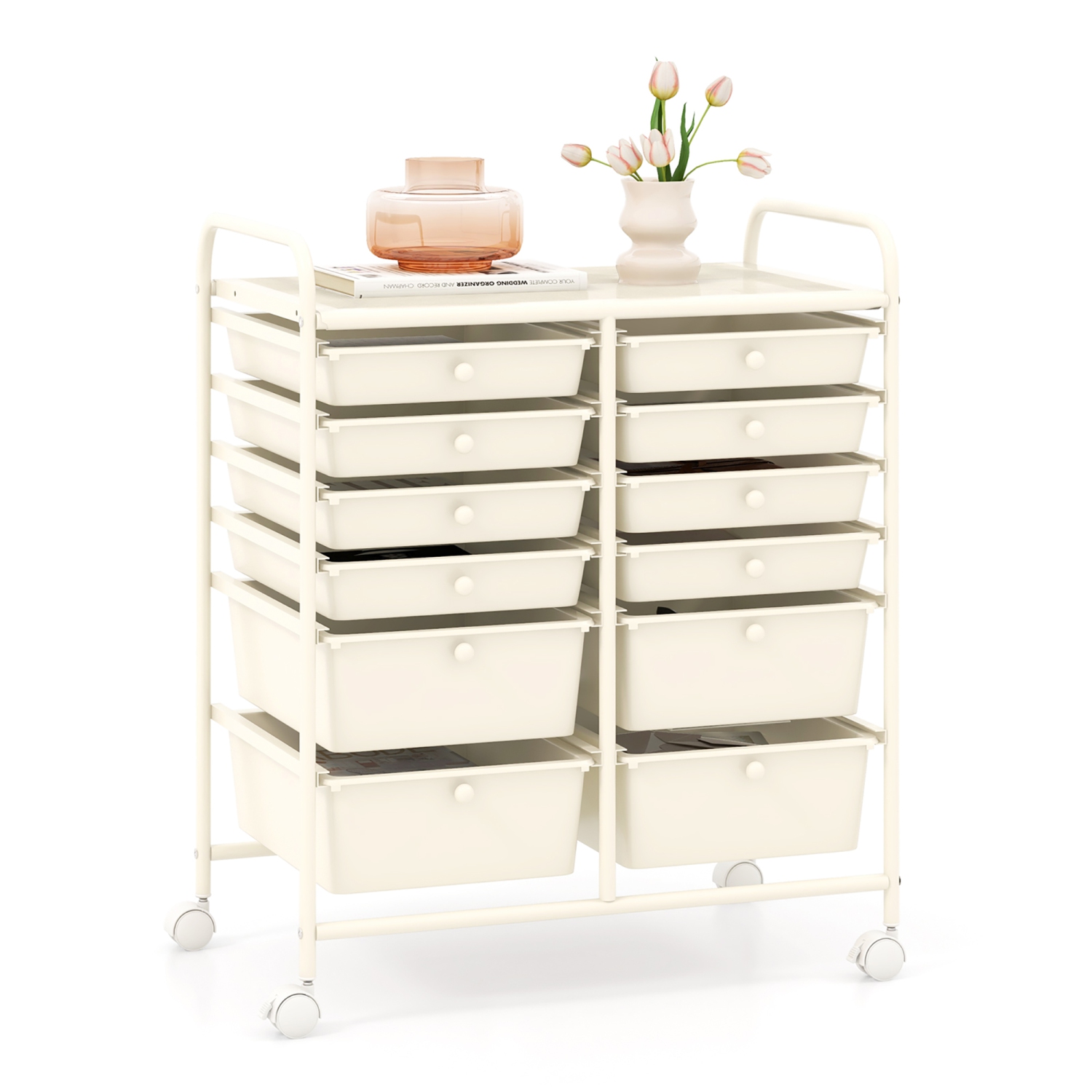 Gymax 12-Drawer Rolling Storage Cart w/ 2 Sizes Plastic Drawers White