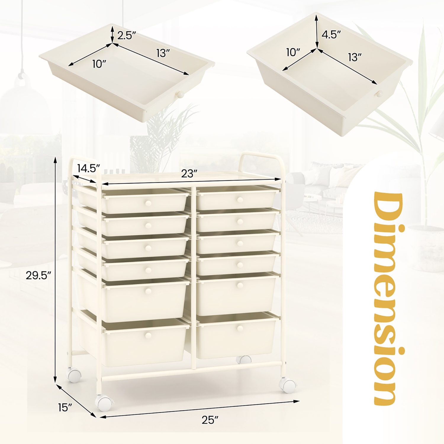 Gymax 12-Drawer Rolling Storage Cart w/ 2 Sizes Plastic Drawers White