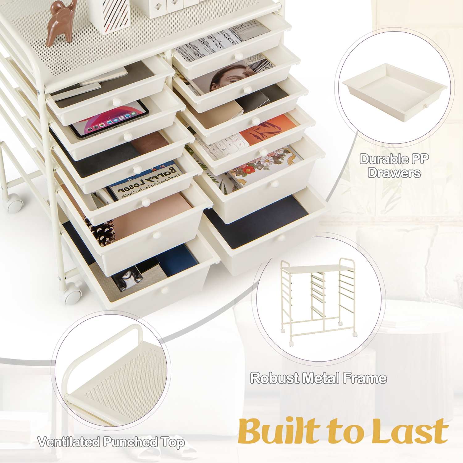 Gymax 12-Drawer Rolling Storage Cart w/ 2 Sizes Plastic Drawers White