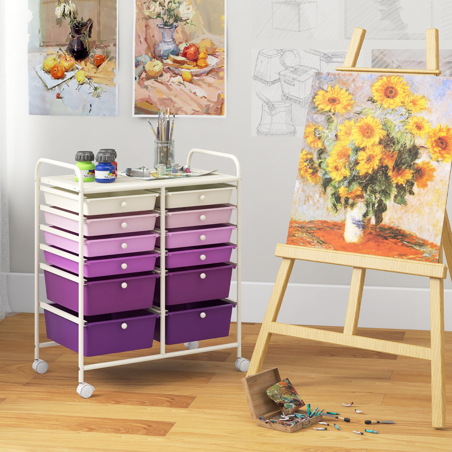 Gymax 12-Drawer Organizer Cart Rolling Storage Cart w/ 2 Sizes Plastic Drawers Purple