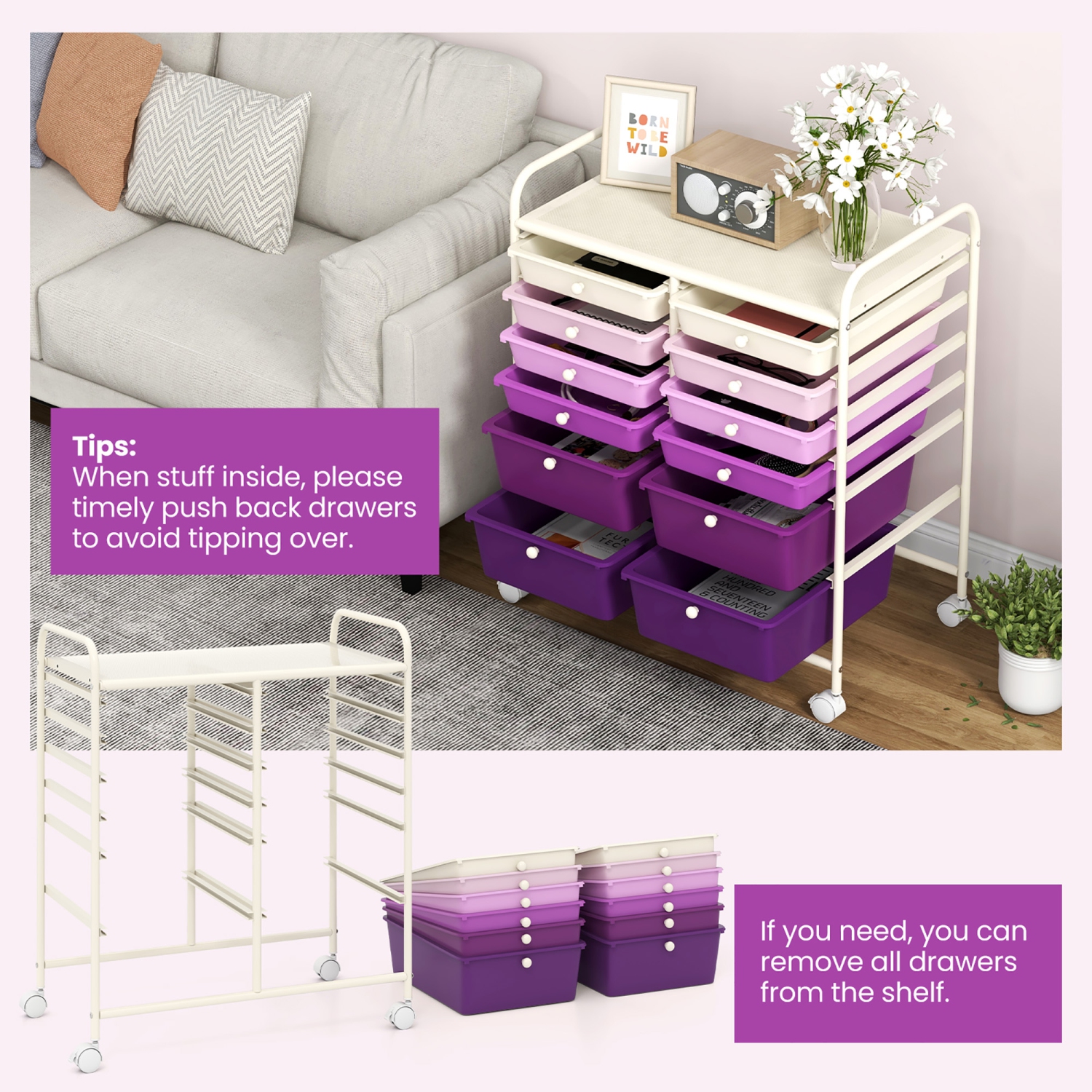 Gymax 12-Drawer Organizer Cart Rolling Storage Cart w/ 2 Sizes Plastic Drawers Purple
