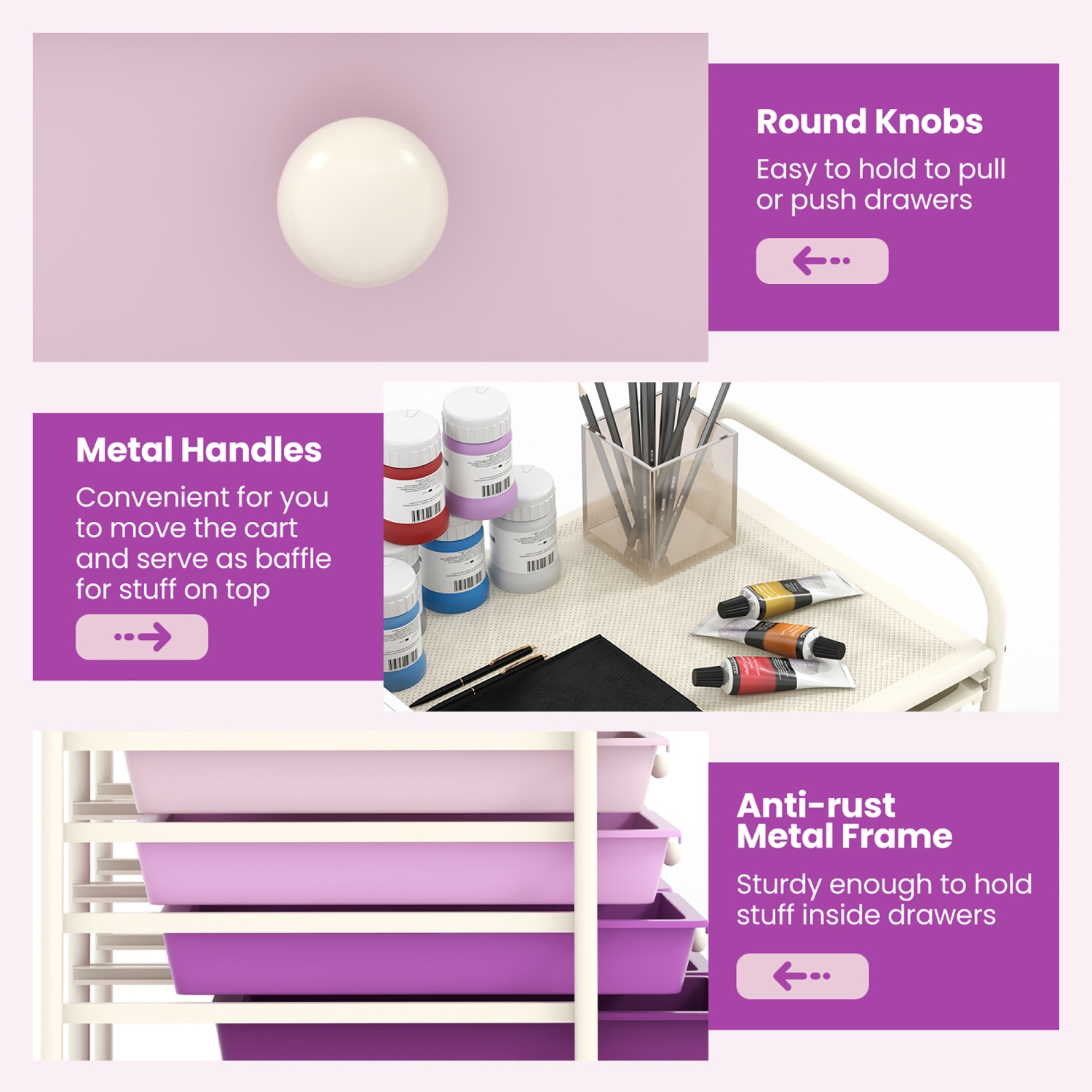 Gymax 12-Drawer Organizer Cart Rolling Storage Cart w/ 2 Sizes Plastic Drawers Purple