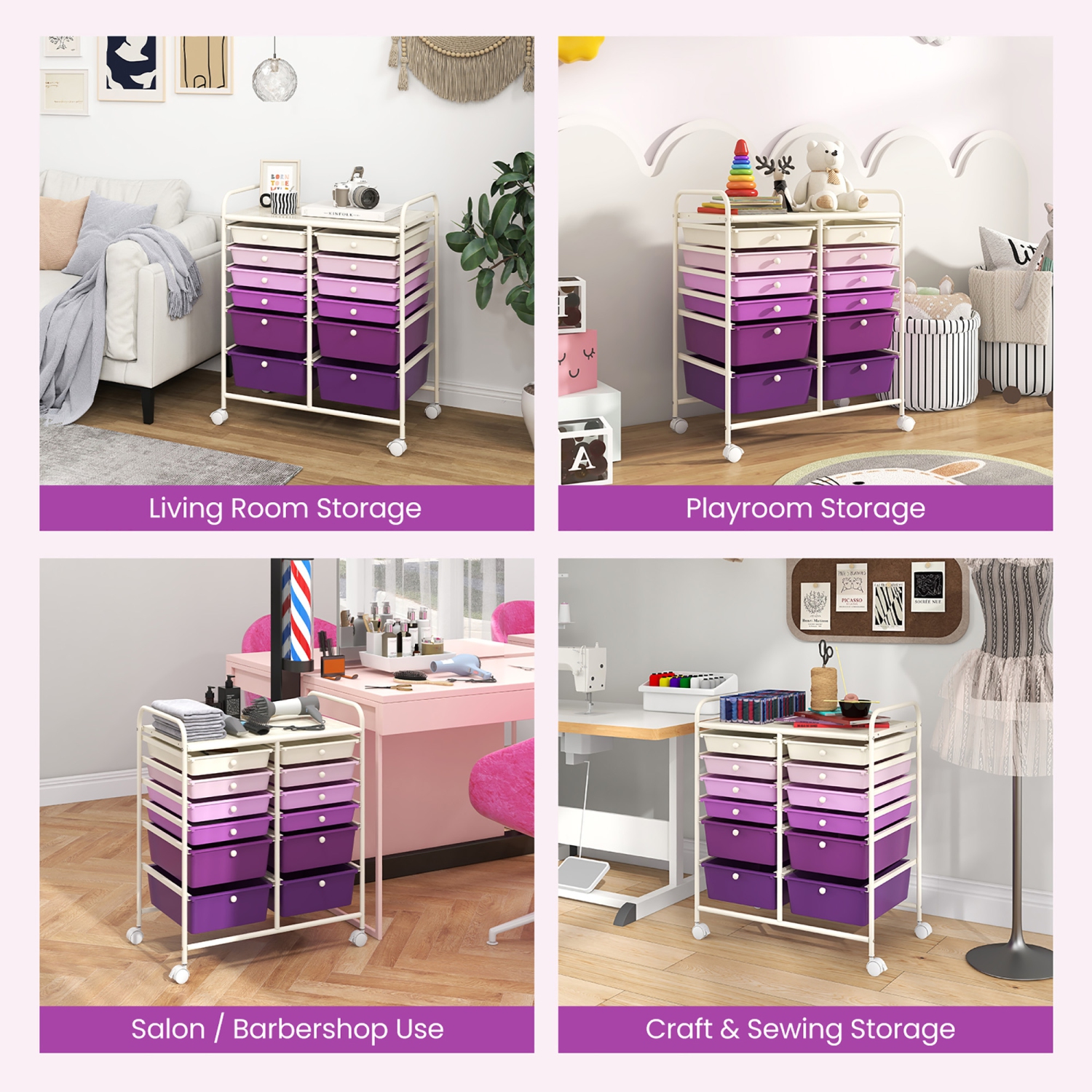 Gymax 12-Drawer Organizer Cart Rolling Storage Cart w/ 2 Sizes Plastic Drawers Purple