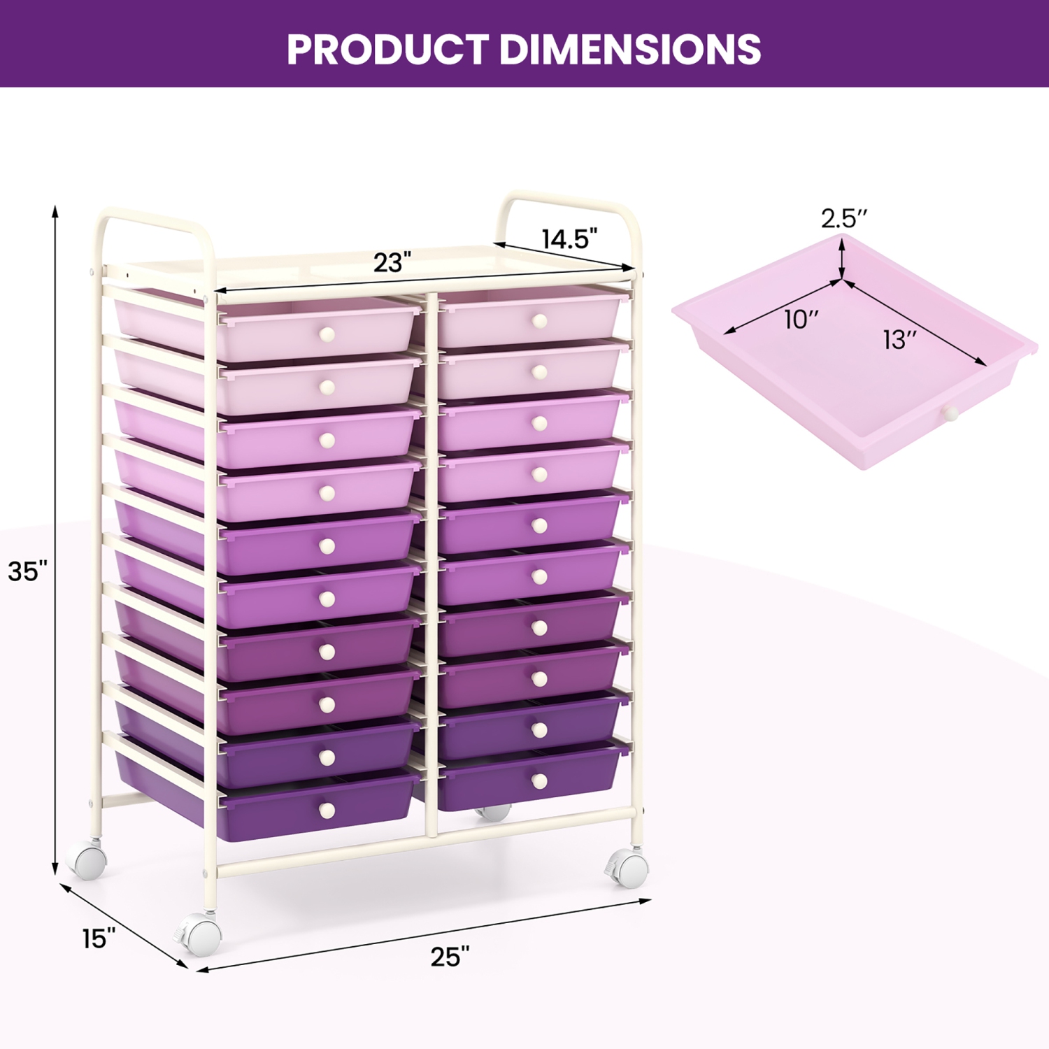 Gymax 20 Drawers Rolling Storage Cart Art Craft Organizer on Wheels Multipurpose Purple