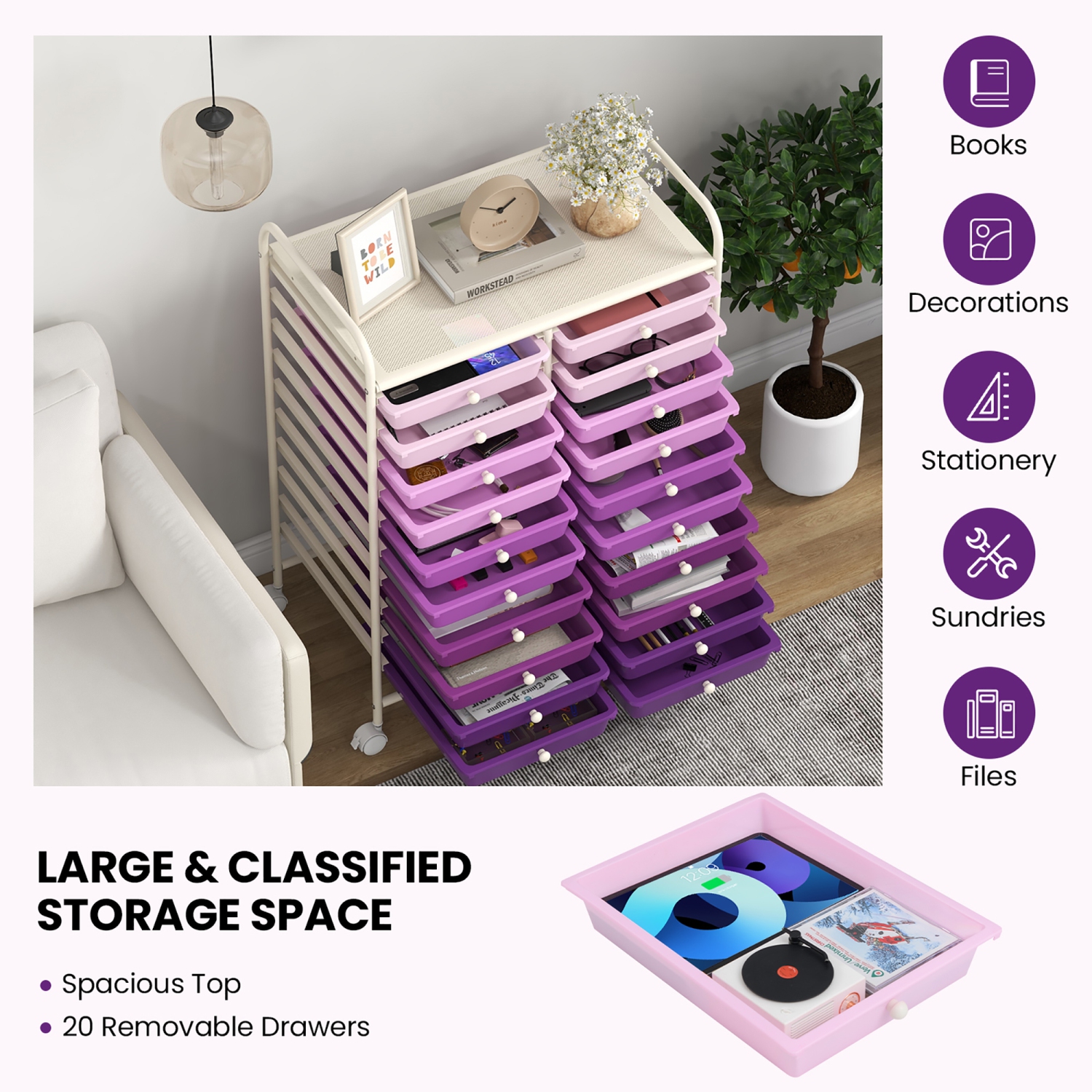 Gymax 20 Drawers Rolling Storage Cart Art Craft Organizer on Wheels Multipurpose Purple