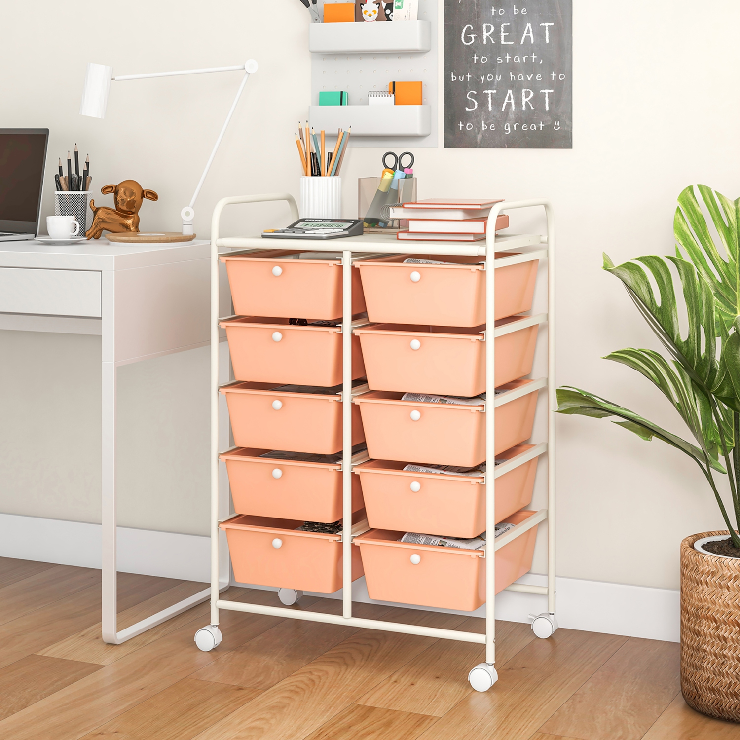Gymax 10-Drawer Storage Cart Utility Rolling Trolley Kitchen Organizer Skin Pink