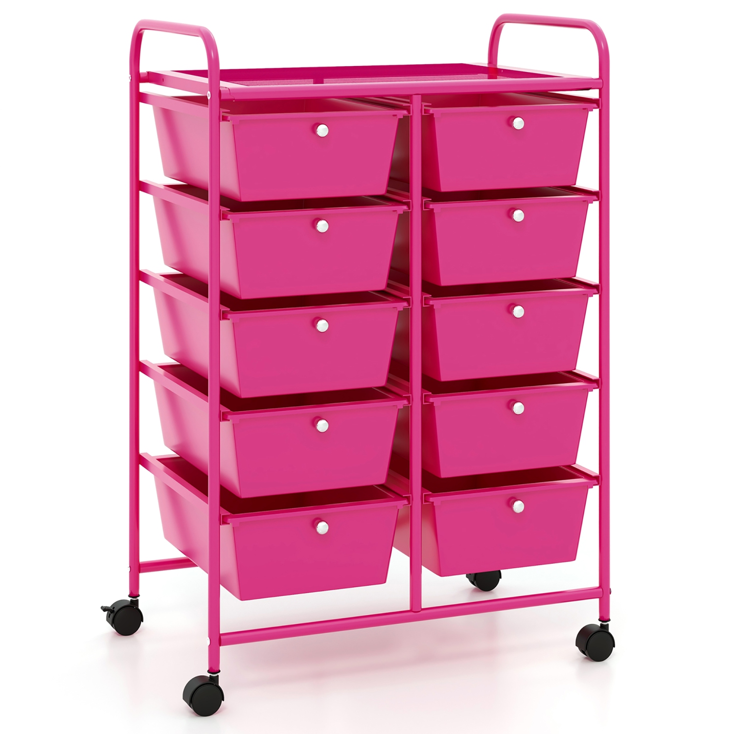 Gymax 10-Drawer Storage Cart Utility Rolling Trolley Kitchen Organizer Hot Pink